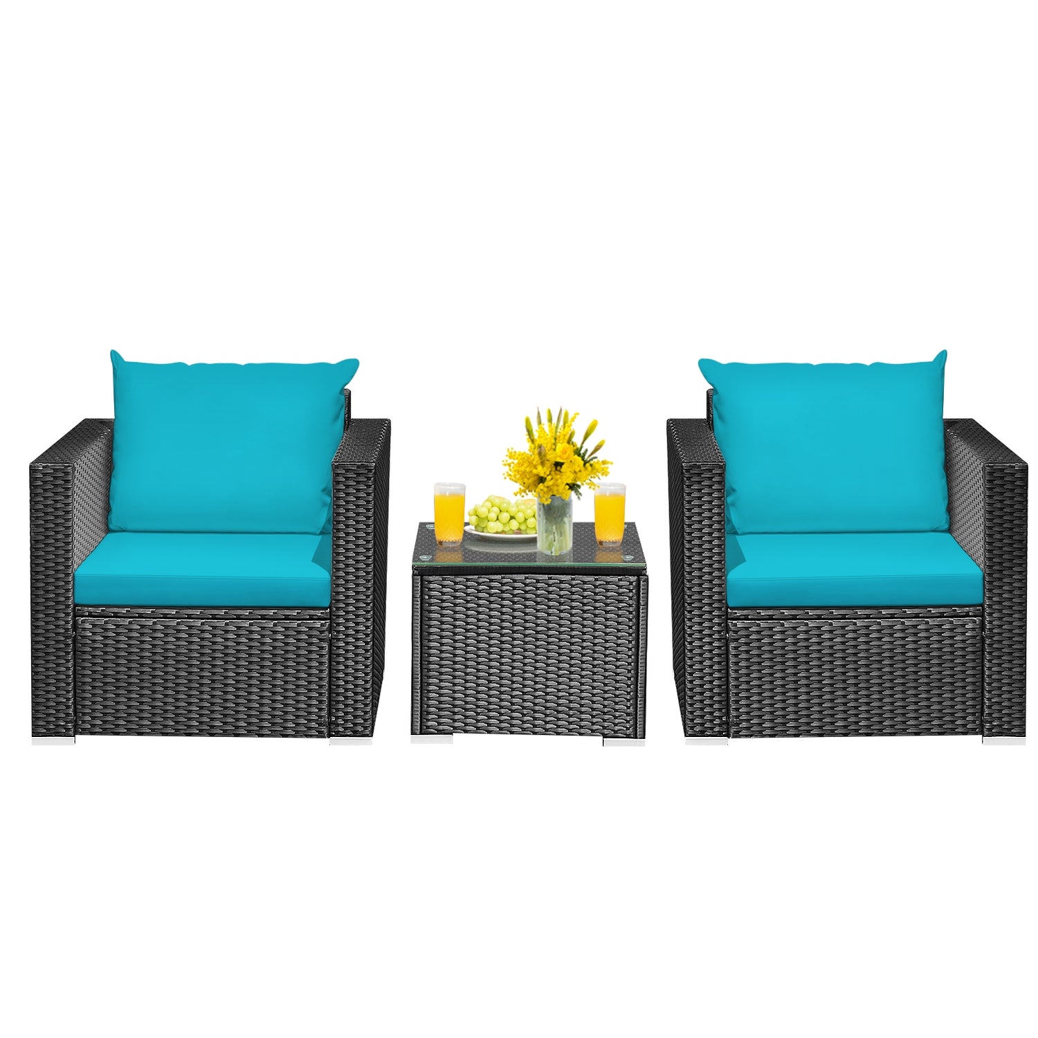 3 Pieces Patio Wicker Conversation Set with Cushion