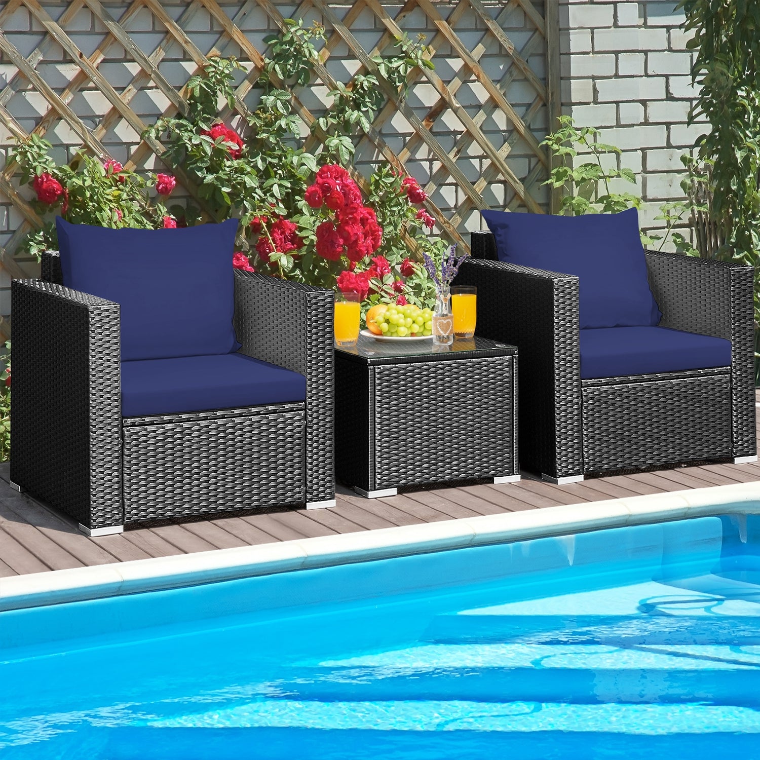3 Pieces Patio Wicker Conversation Set with Cushion