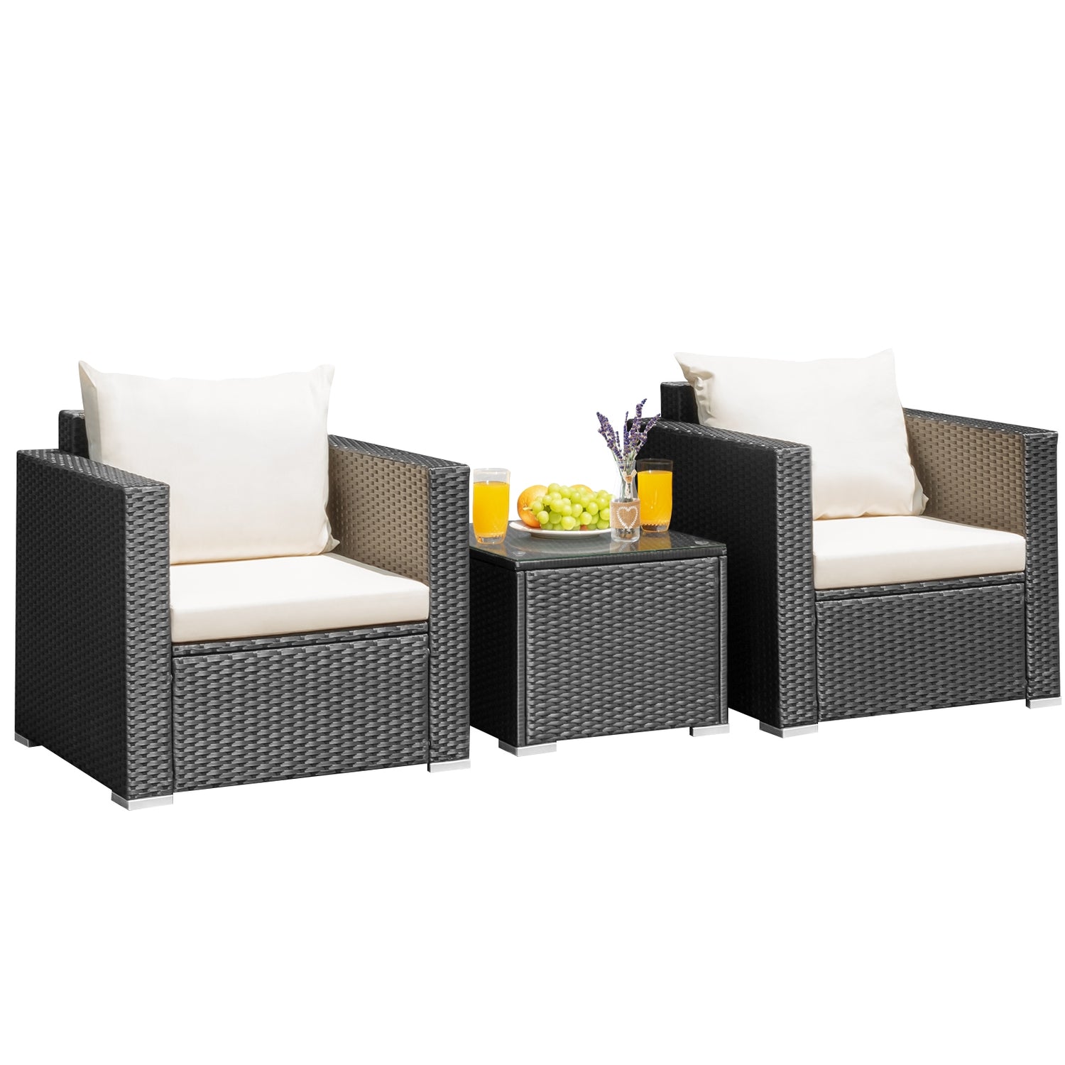 3 Pieces Patio Wicker Conversation Set with Cushion