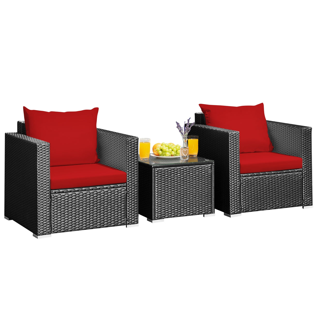 3 Pieces Patio Wicker Conversation Set with Cushion