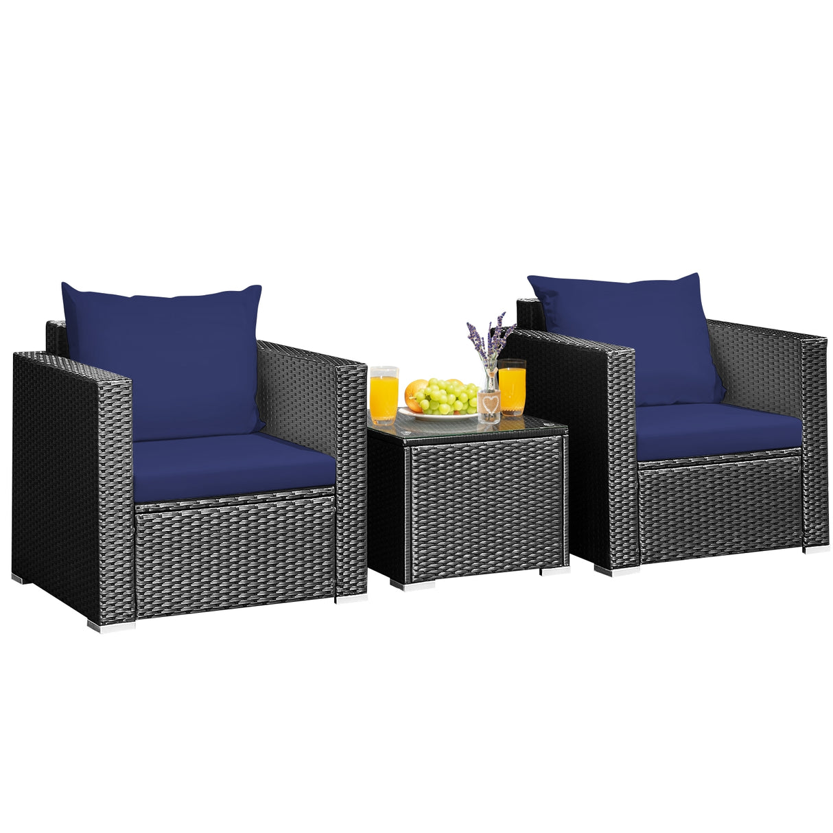 3 Pieces Patio Wicker Conversation Set with Cushion