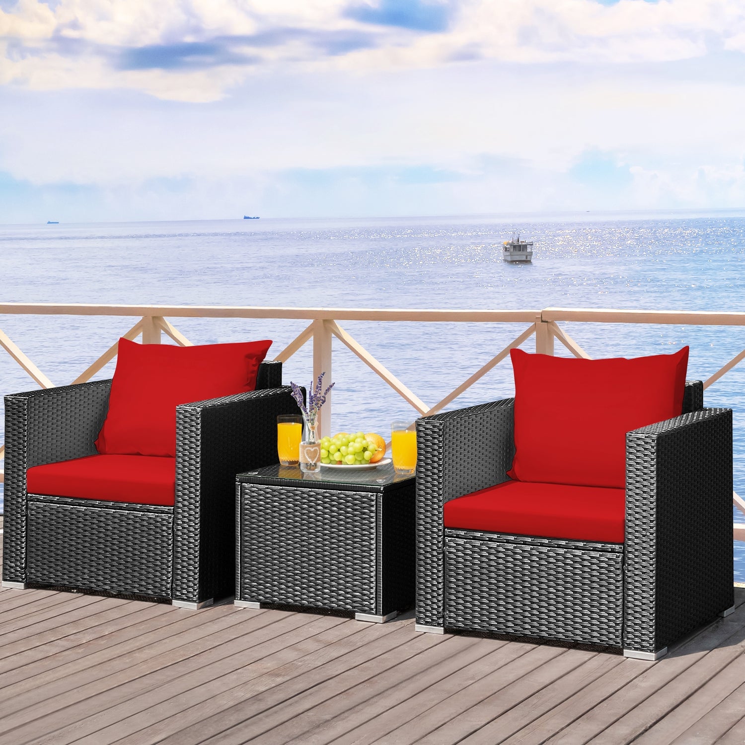 3 Pieces Patio Wicker Conversation Set with Cushion