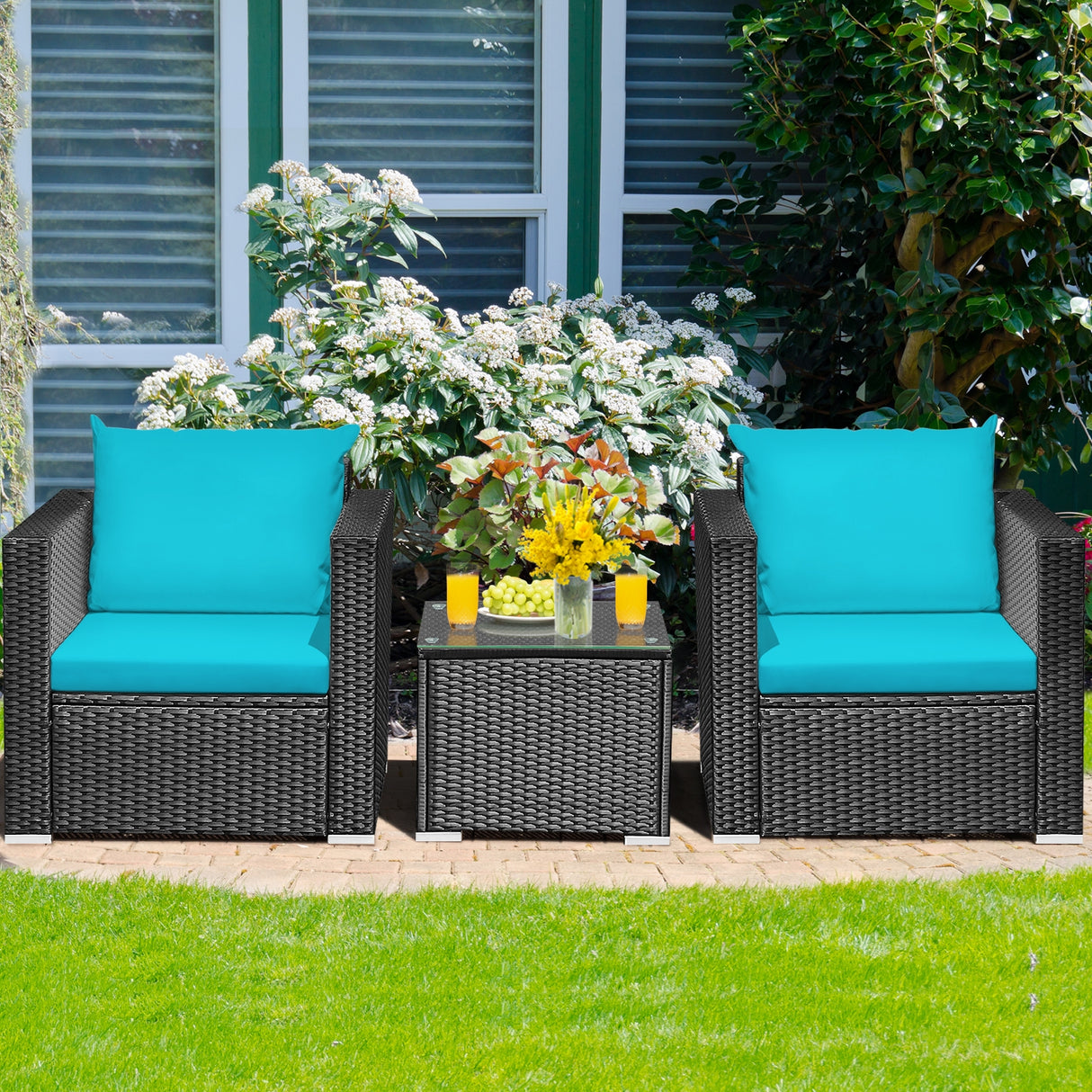 3 Pieces Patio Wicker Conversation Set with Cushion
