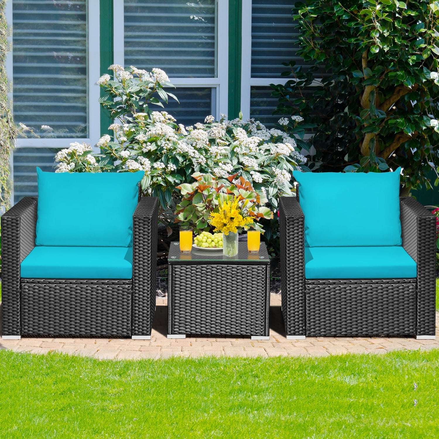 3 Pieces Patio Wicker Conversation Set with Cushion