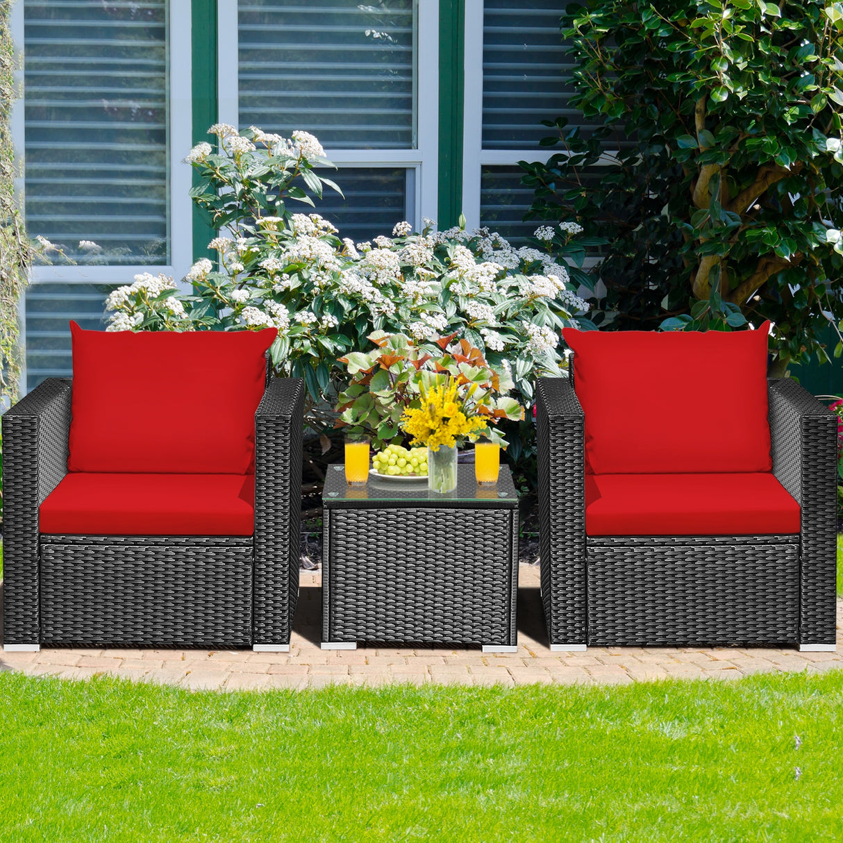 3 Pieces Patio Wicker Conversation Set with Cushion