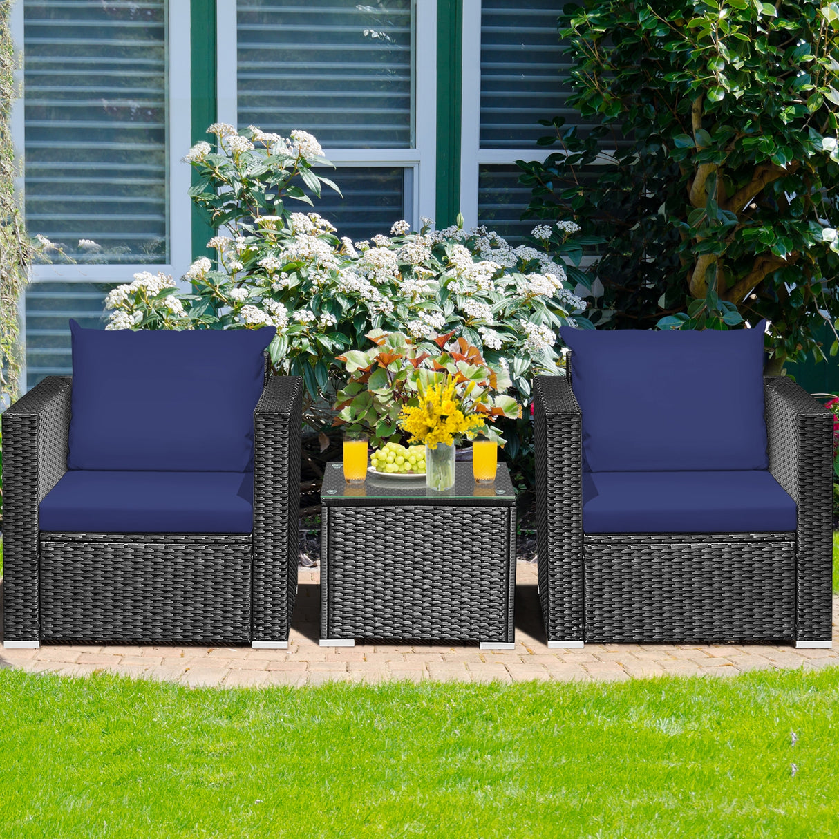 3 Pieces Patio Wicker Conversation Set with Cushion