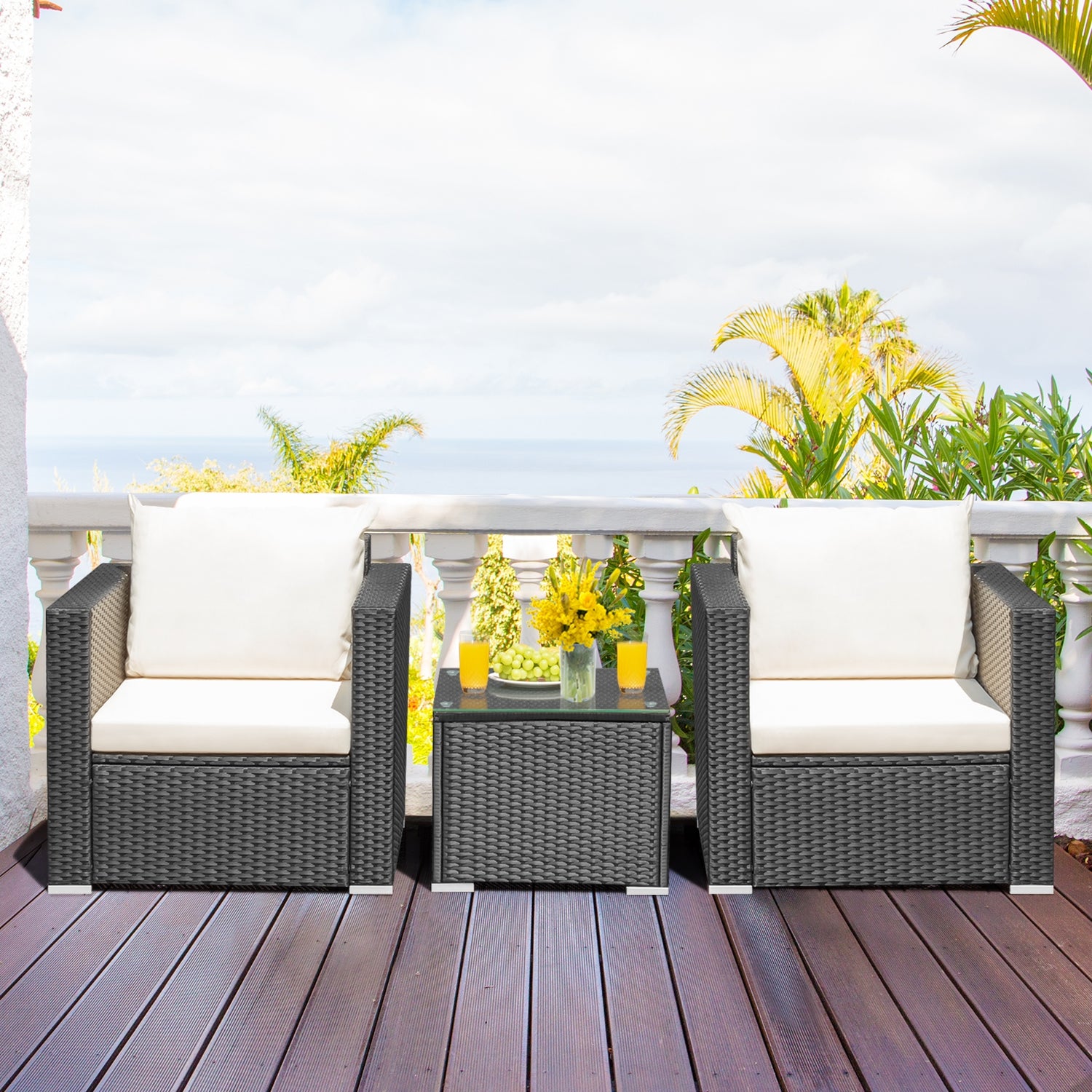 3 Pieces Patio Wicker Conversation Set with Cushion