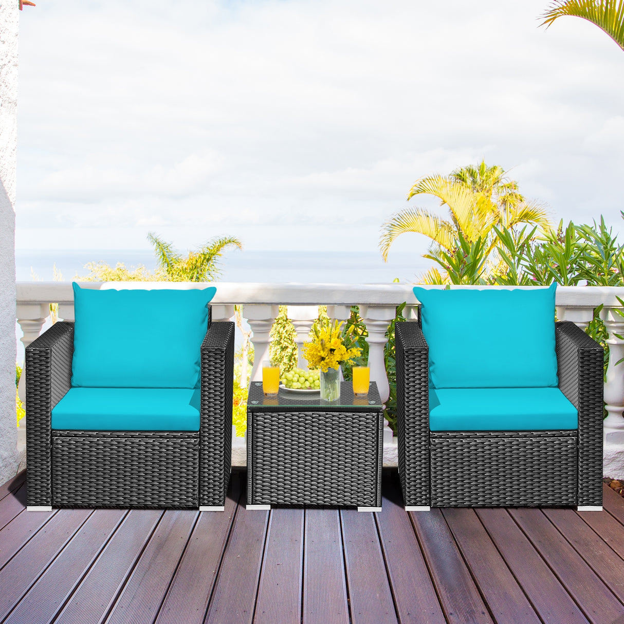 3 Pieces Patio Wicker Conversation Set with Cushion