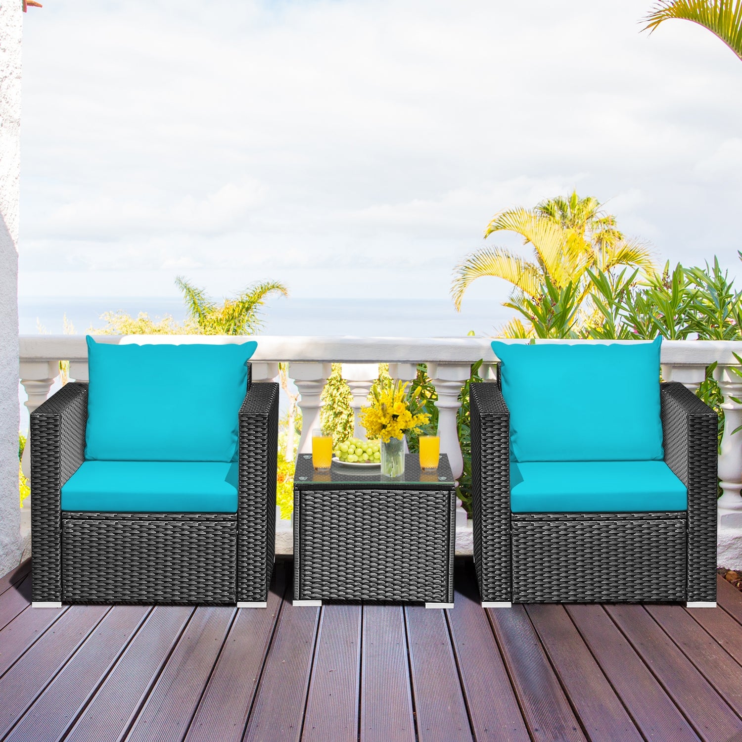 3 Pieces Patio Wicker Conversation Set with Cushion