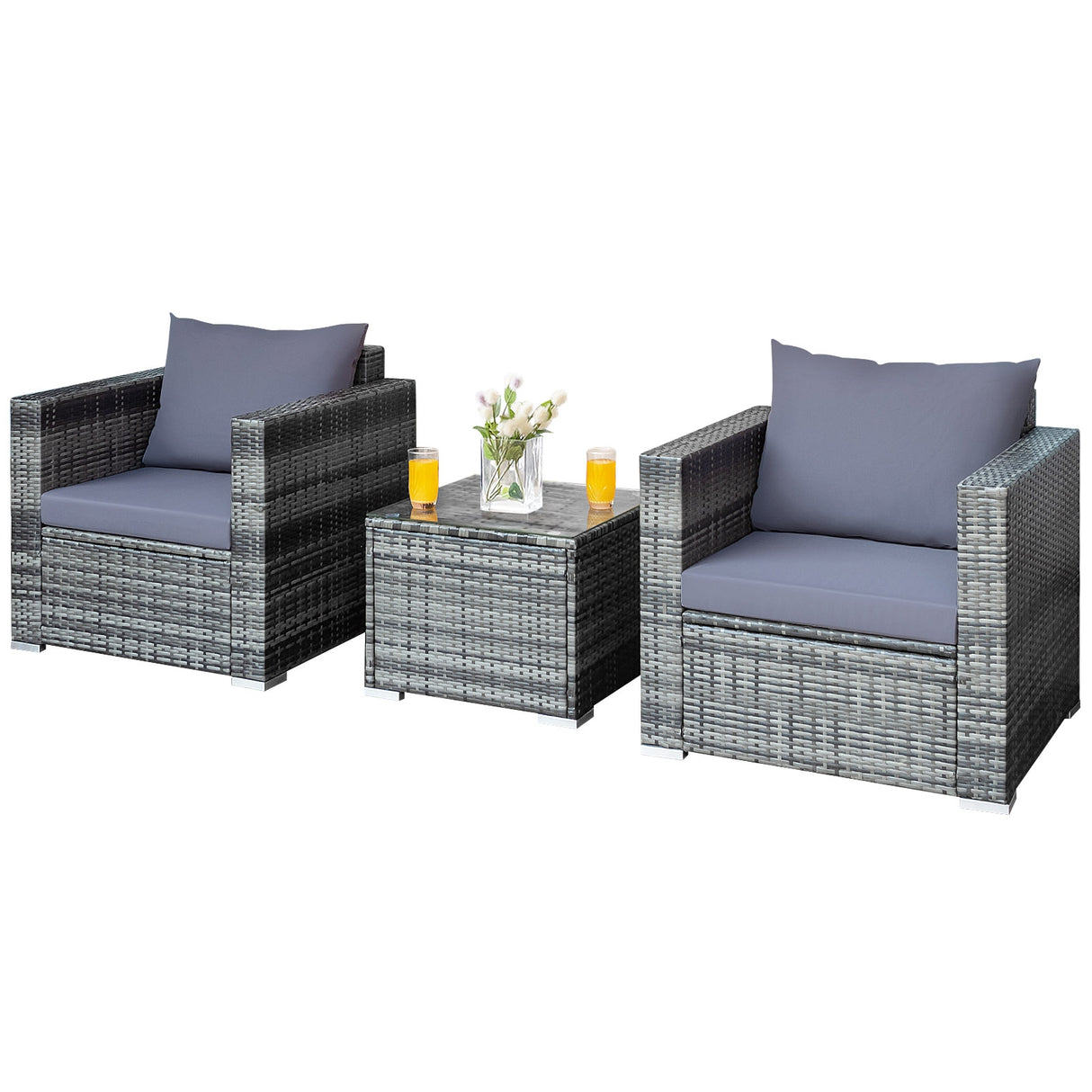 3 Pcs Patio Rattan Furniture Bistro Sofa Set with Cushioned