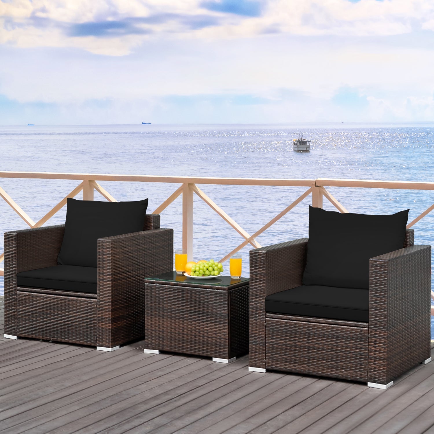 3 Pcs Patio Conversation Rattan Furniture Set with Cushion