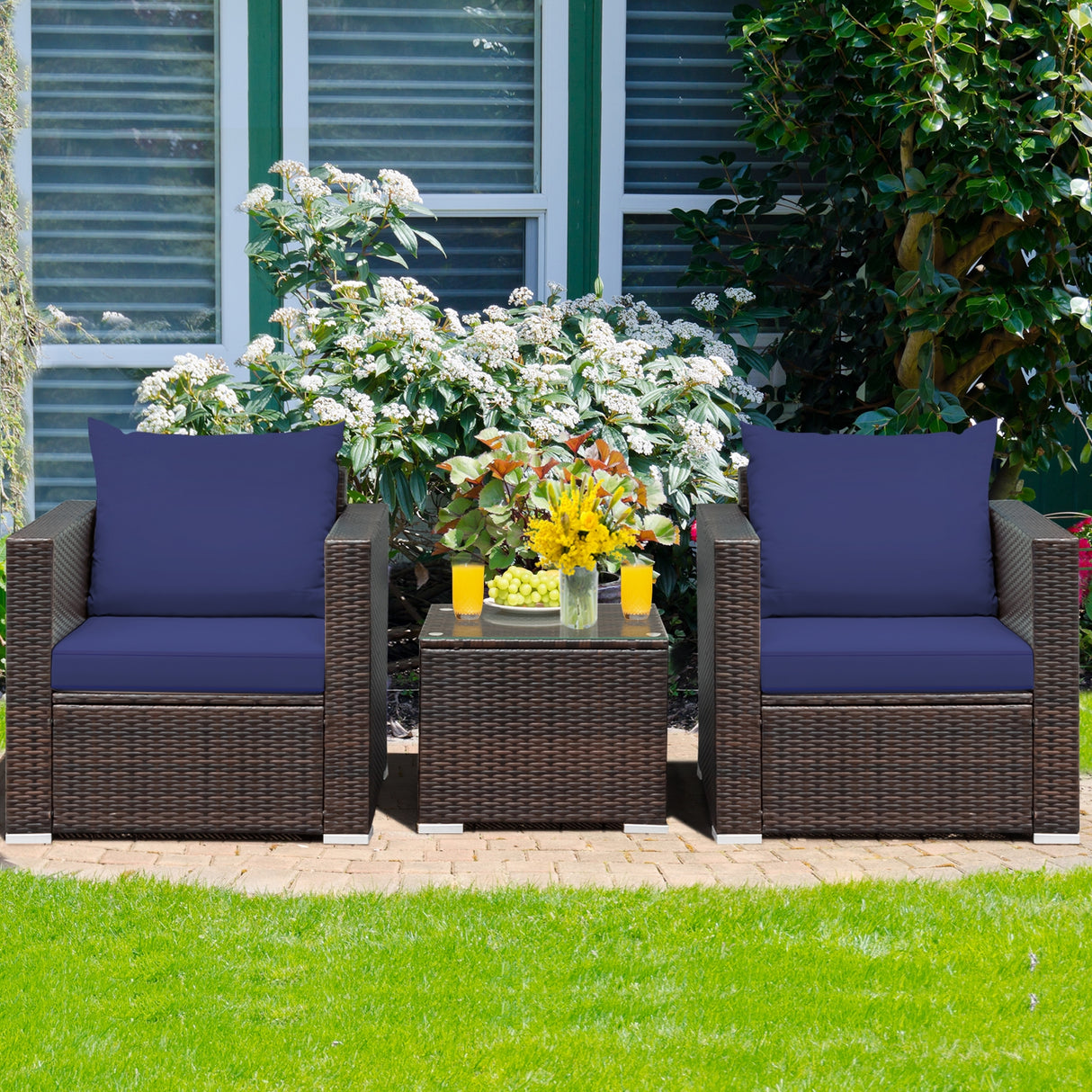 3 Pcs Patio Conversation Rattan Furniture Set with Cushion
