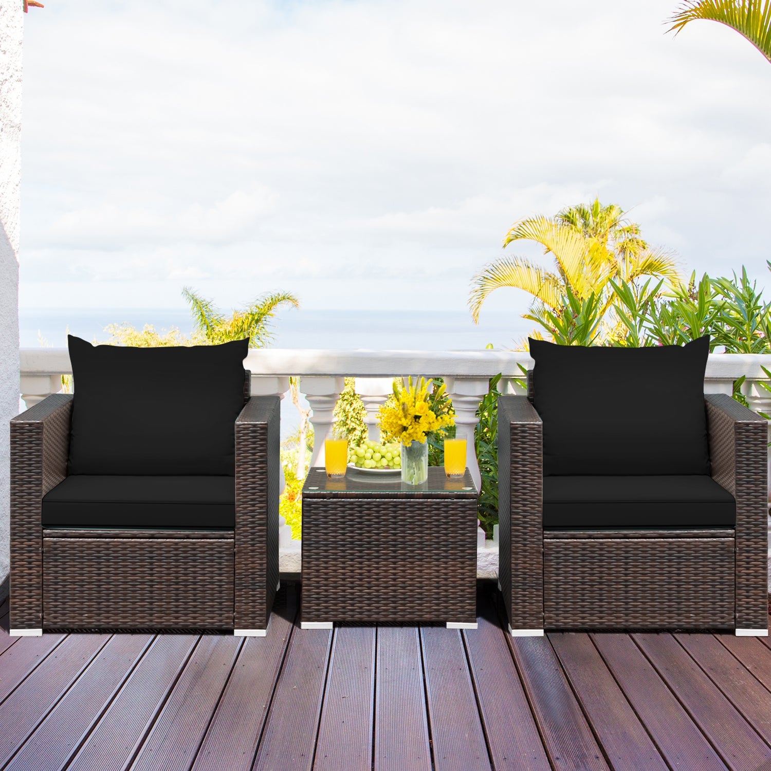3 Pcs Patio Conversation Rattan Furniture Set with Cushion