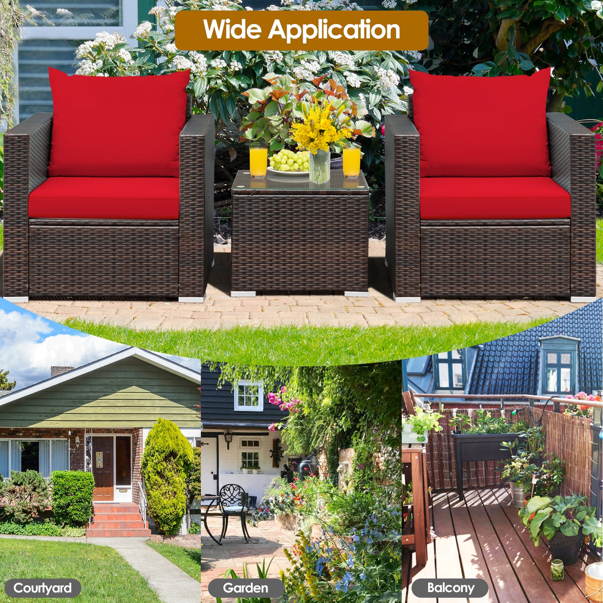 3 Pcs Patio Conversation Rattan Furniture Set with Cushion