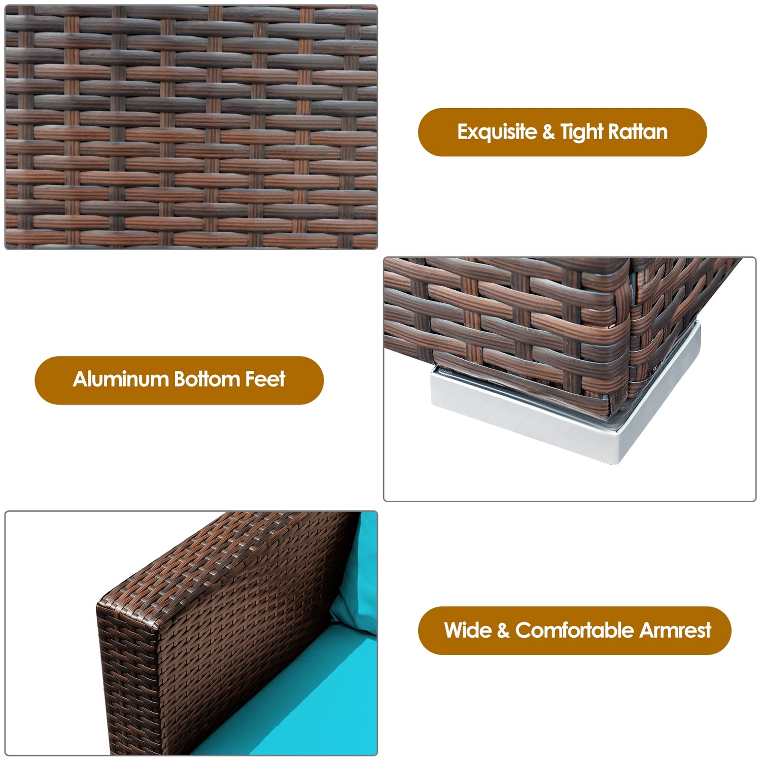 3 Pcs Patio Conversation Rattan Furniture Set with Cushion