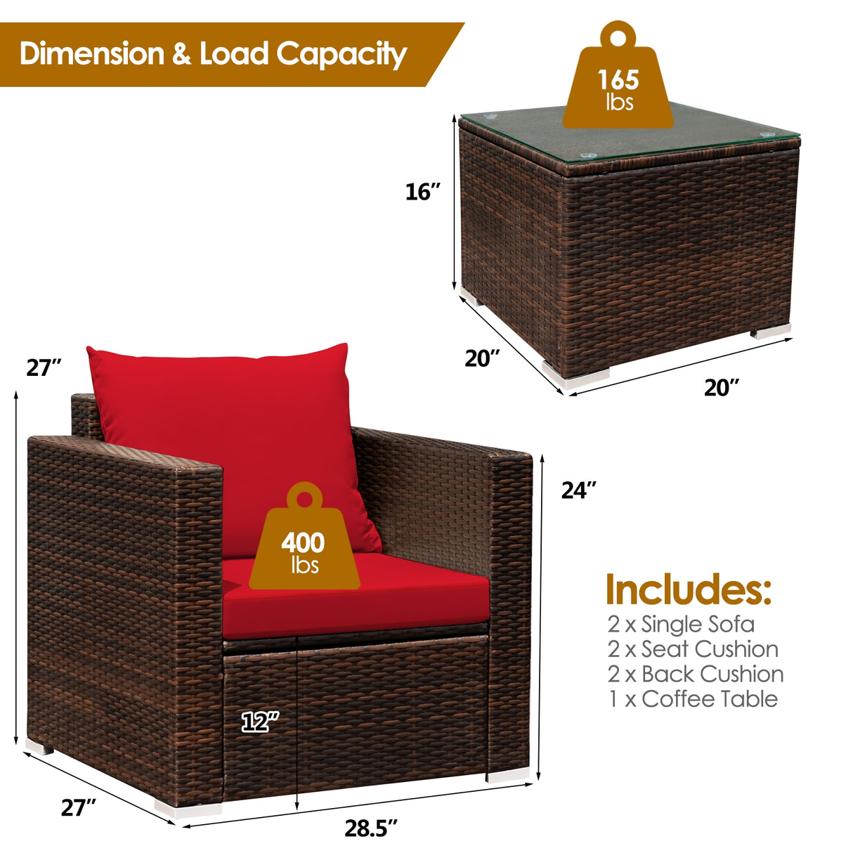 3 Pcs Patio Conversation Rattan Furniture Set with Cushion