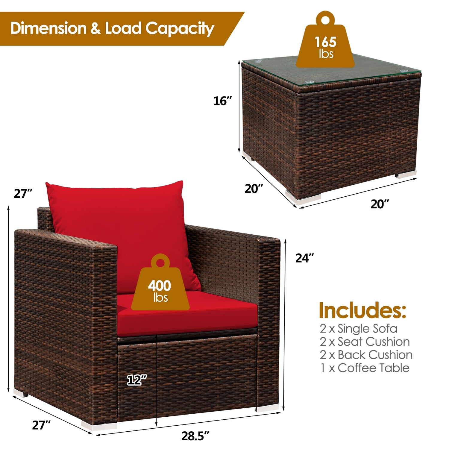 3 Pcs Patio Conversation Rattan Furniture Set with Cushion