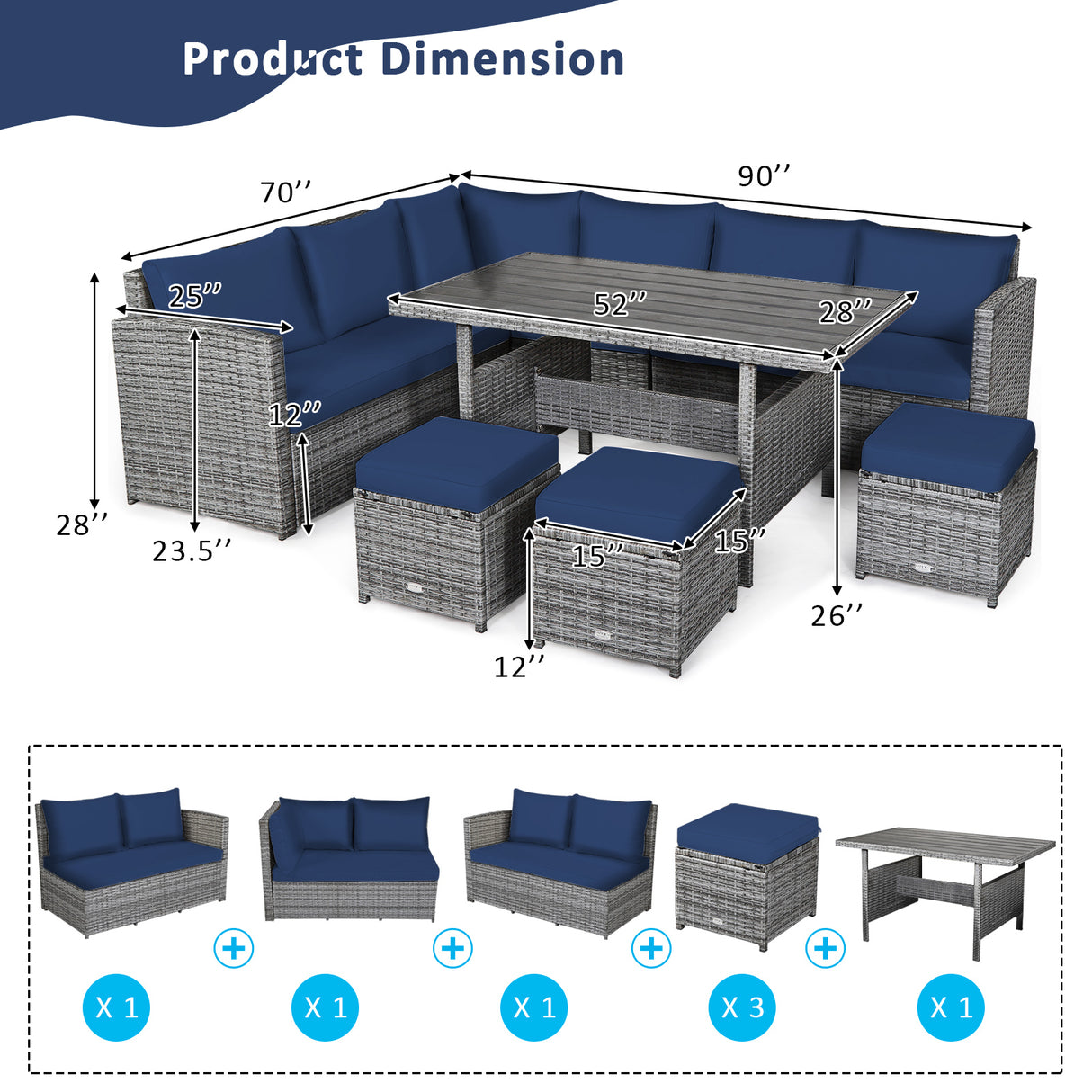 7 Pieces Patio Rattan Dining Furniture Sectional Sofa Set with Wicker Ottoman