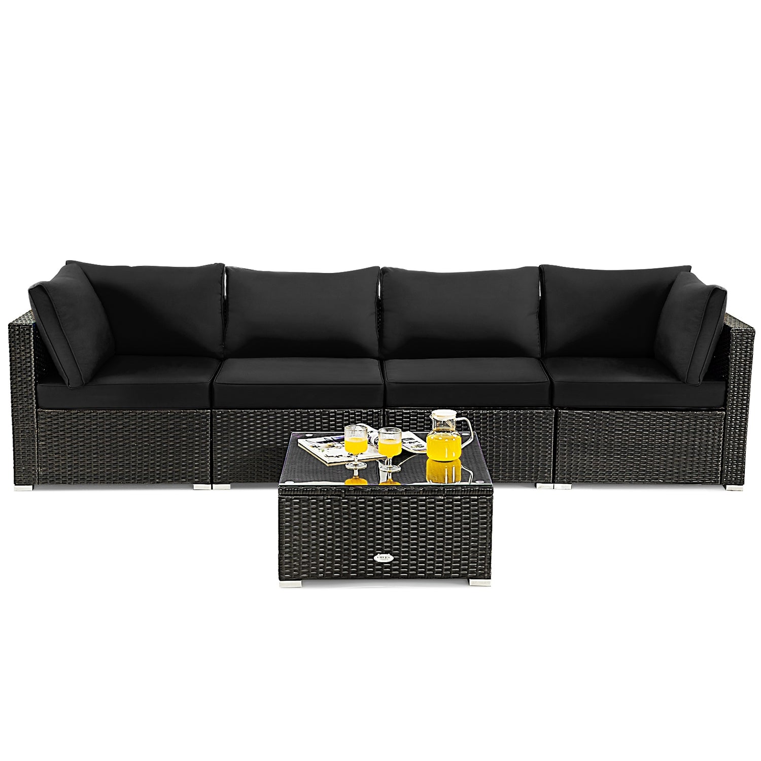5 Pieces Cushioned Patio Rattan Furniture Set with Glass Table