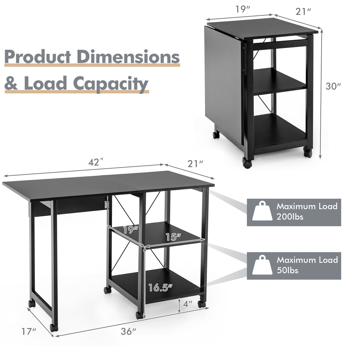 Rolling Folding Computer Desk with Storage Shelves