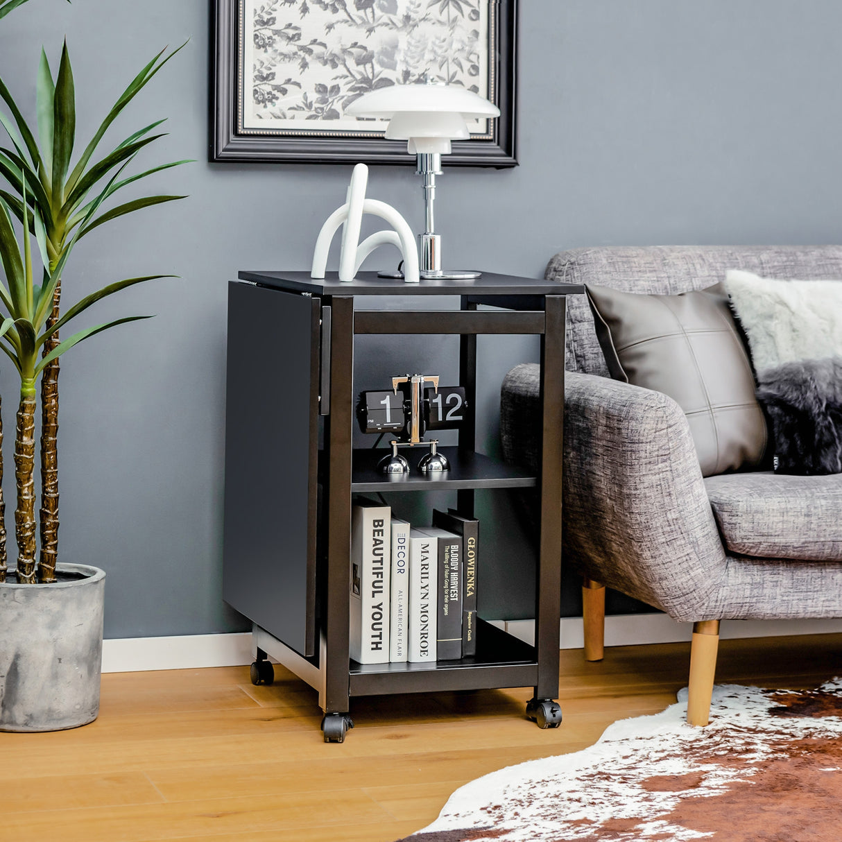 Rolling Folding Computer Desk with Storage Shelves