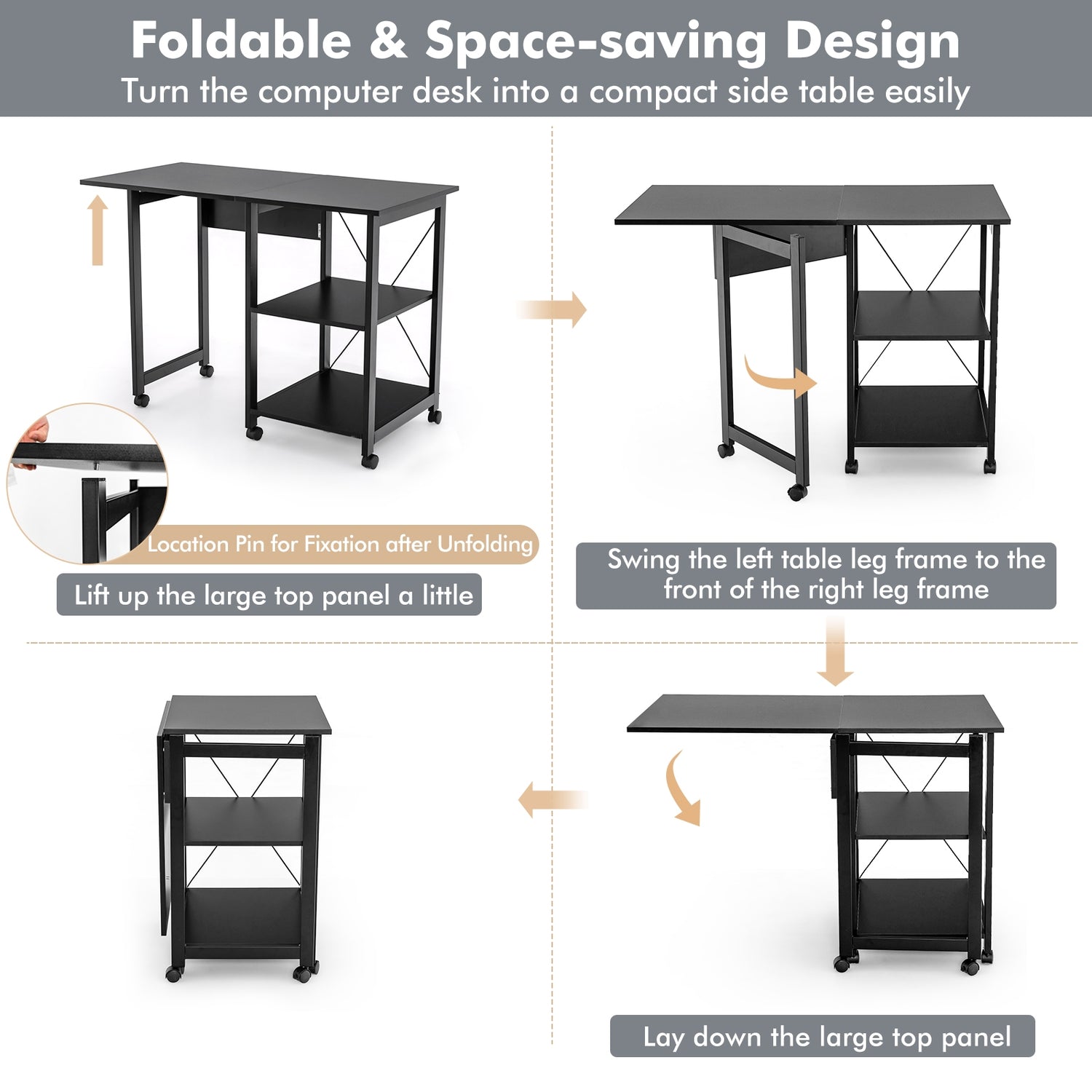 Rolling Folding Computer Desk with Storage Shelves