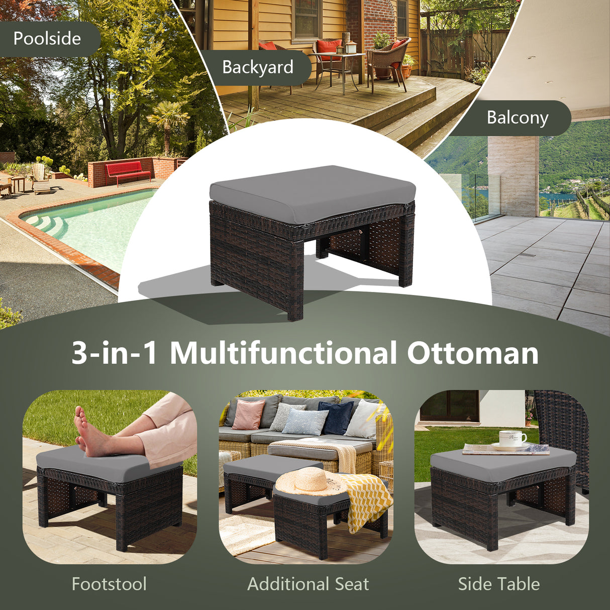 2 Pieces Patio Rattan Ottomans with Soft Cushion for Patio and Garden