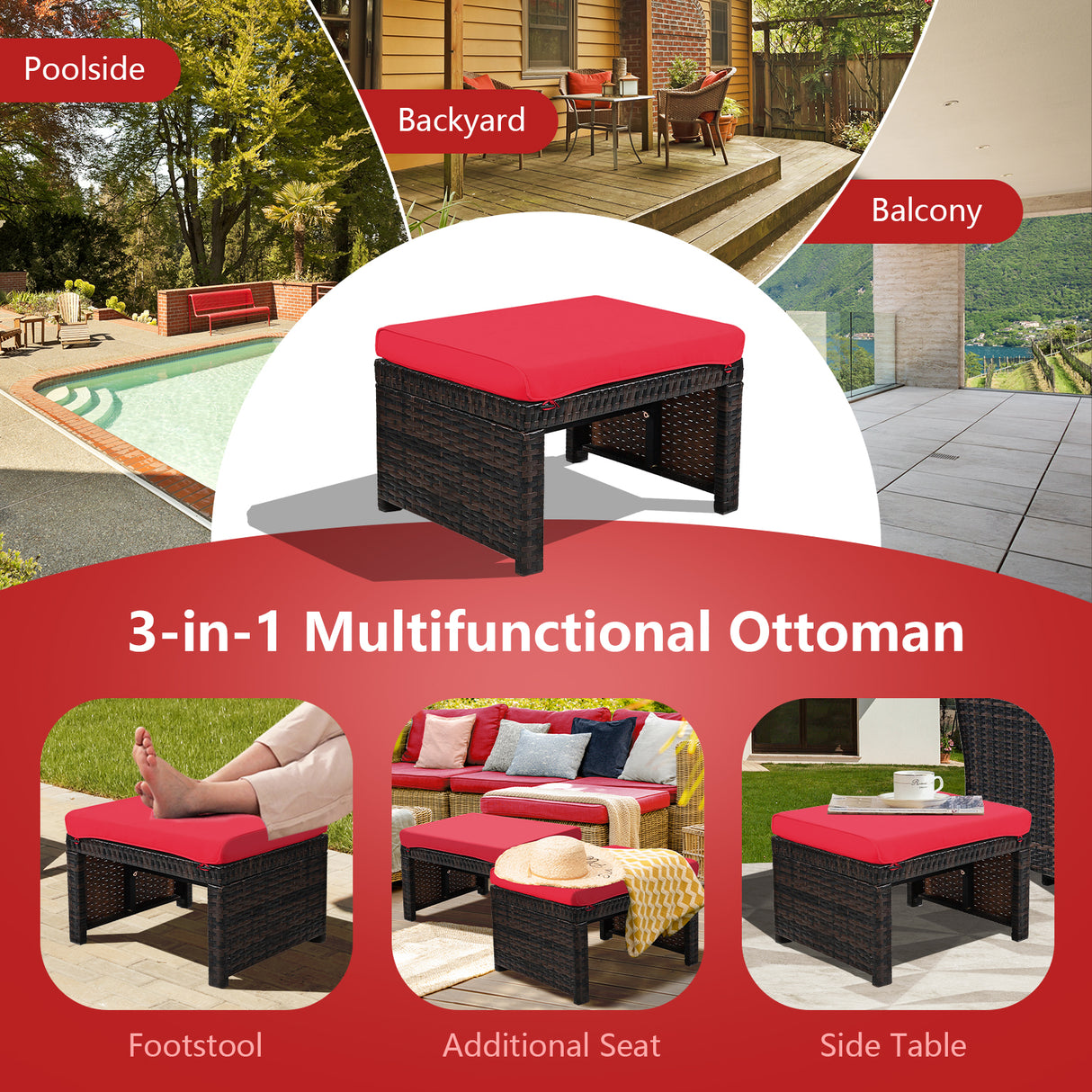 2 Pieces Patio Rattan Ottomans with Soft Cushion for Patio and Garden