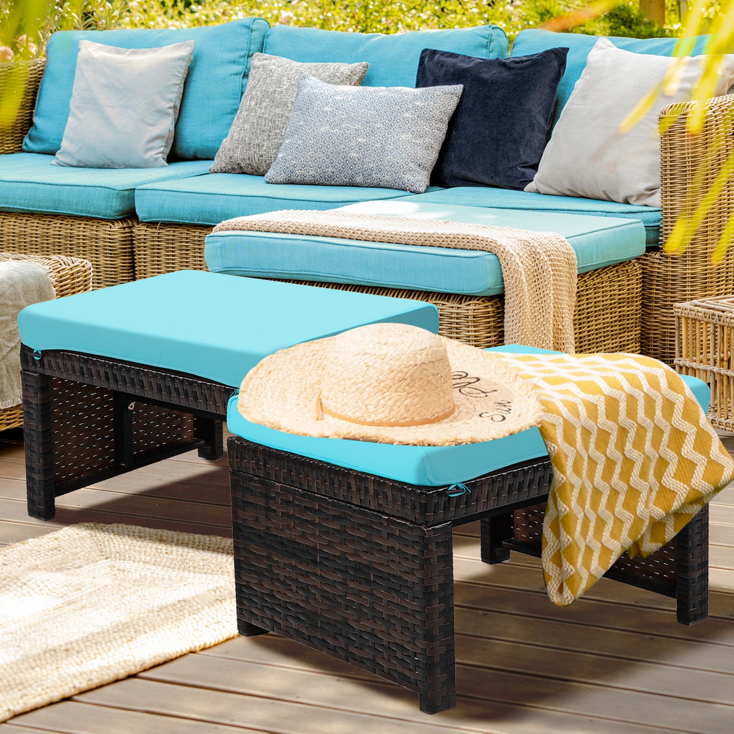 2 Pieces Patio Rattan Ottomans with Soft Cushion for Patio and Garden