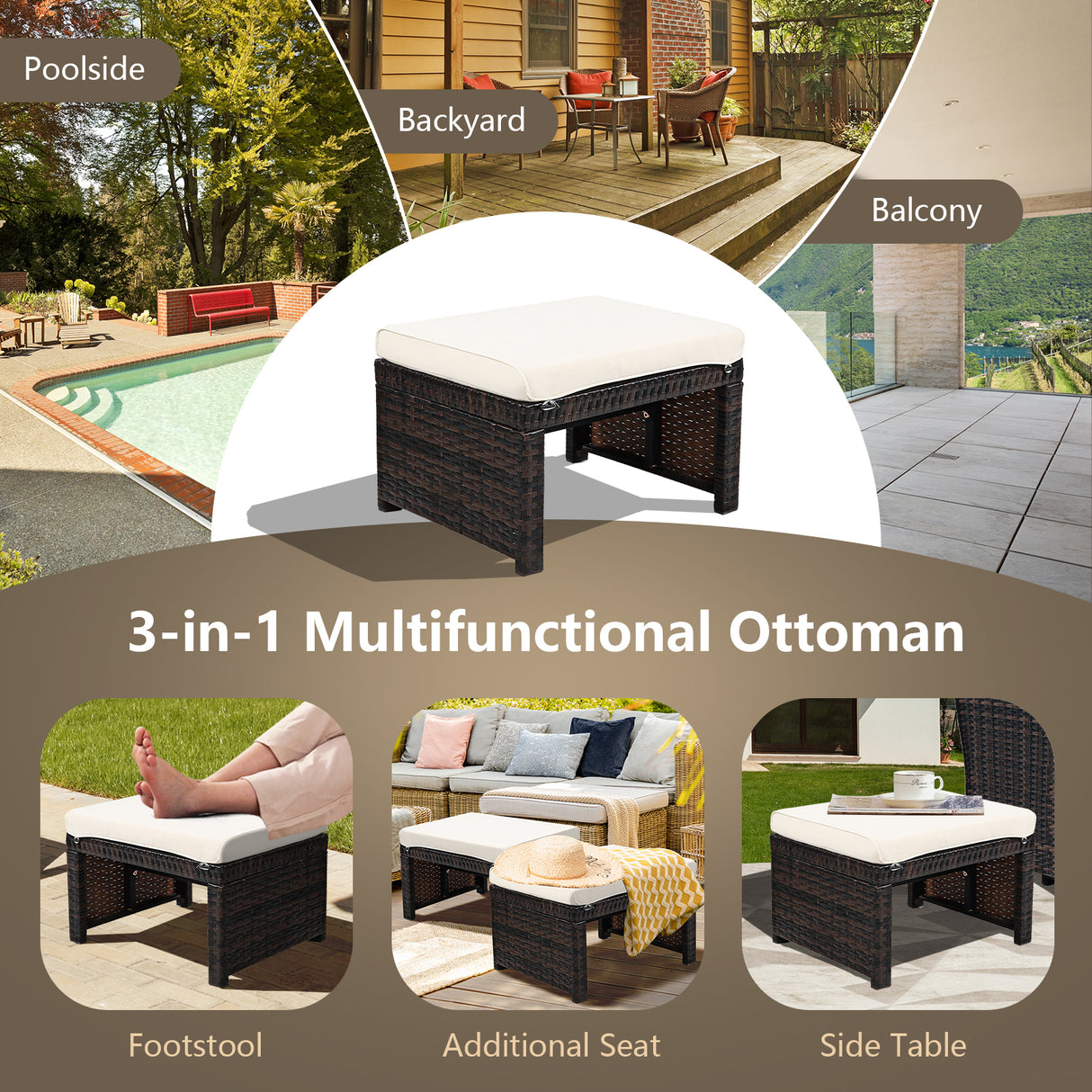 2 Pieces Patio Rattan Ottomans with Soft Cushion for Patio and Garden