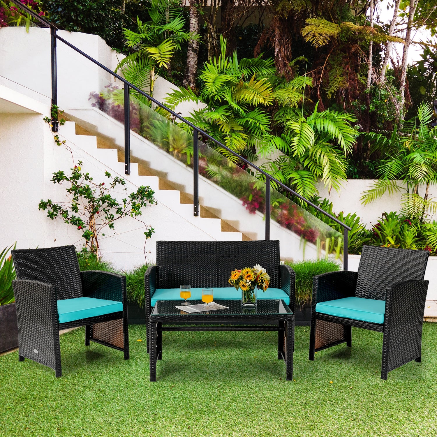 4 Pieces Patio Rattan Cushioned Furniture Set