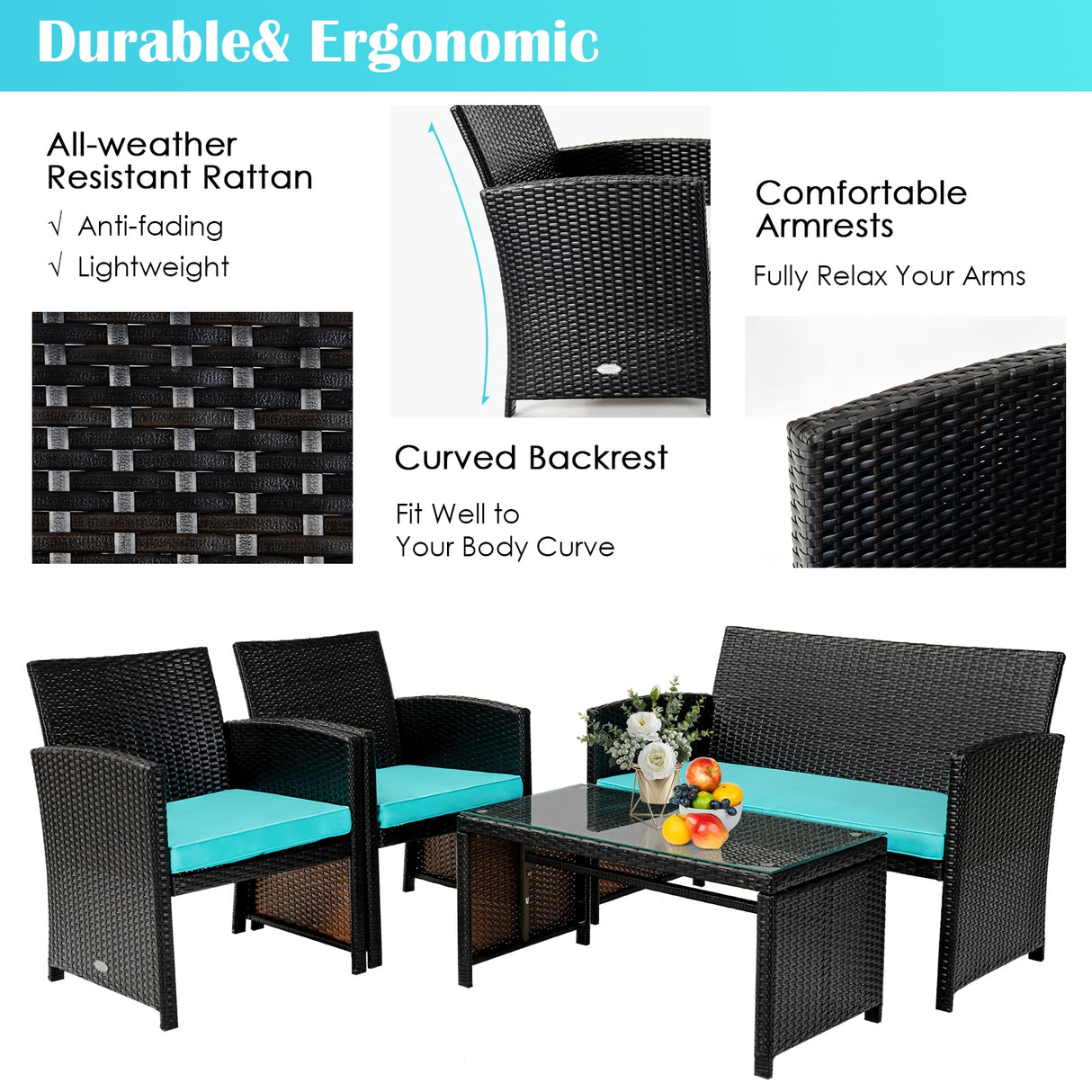 4 Pieces Patio Rattan Cushioned Furniture Set