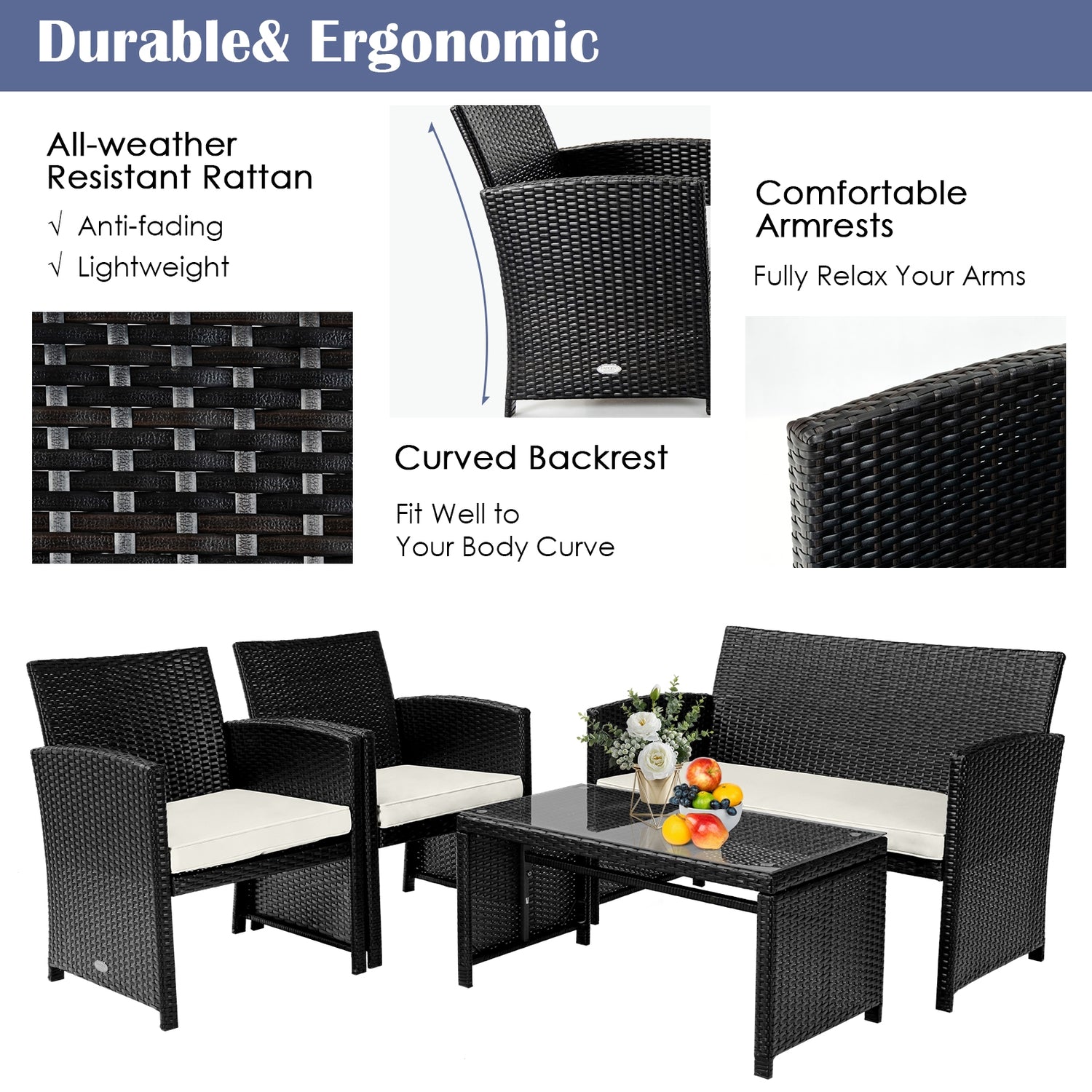 4 Pieces Patio Rattan Cushioned Furniture Set