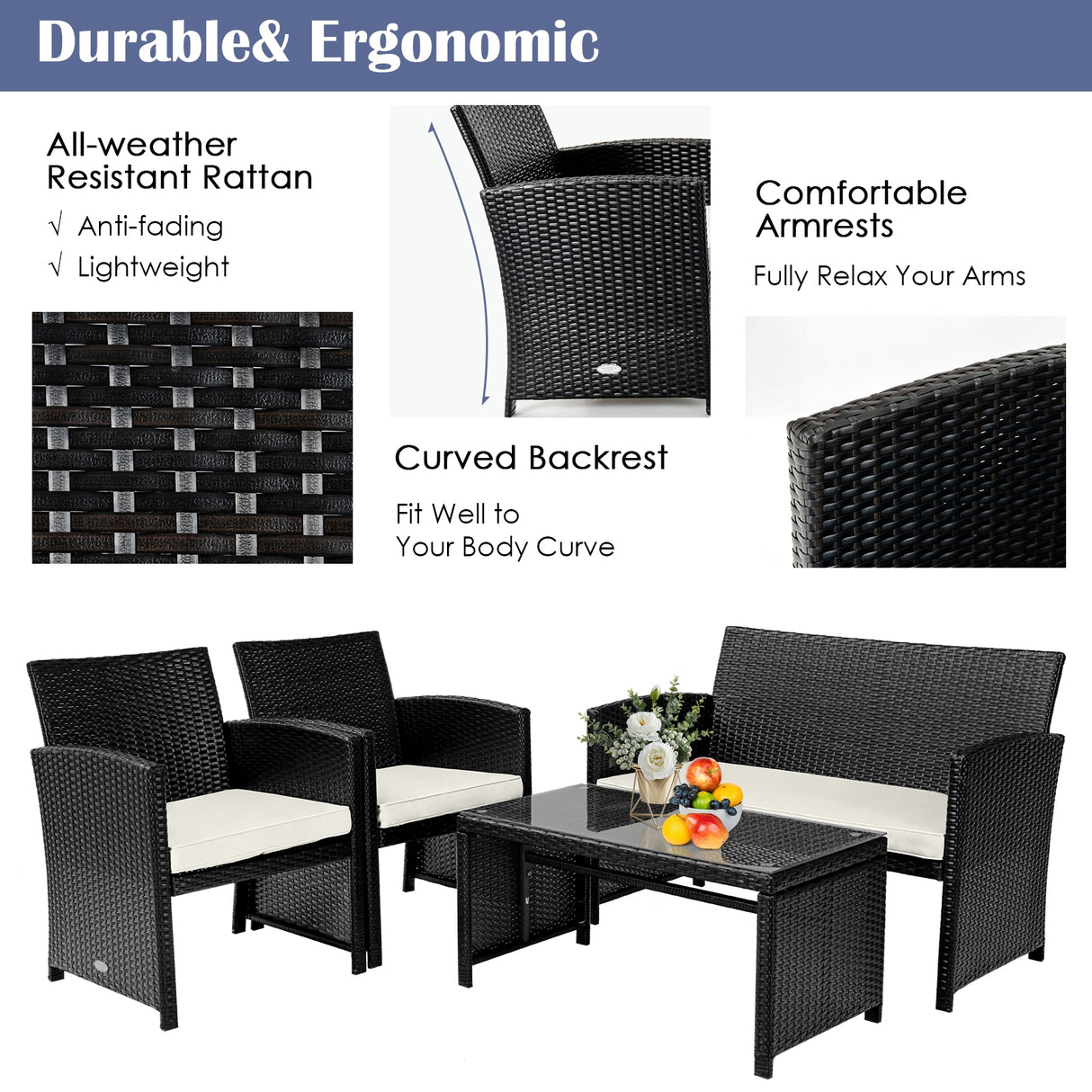 4 Pieces Patio Rattan Cushioned Furniture Set