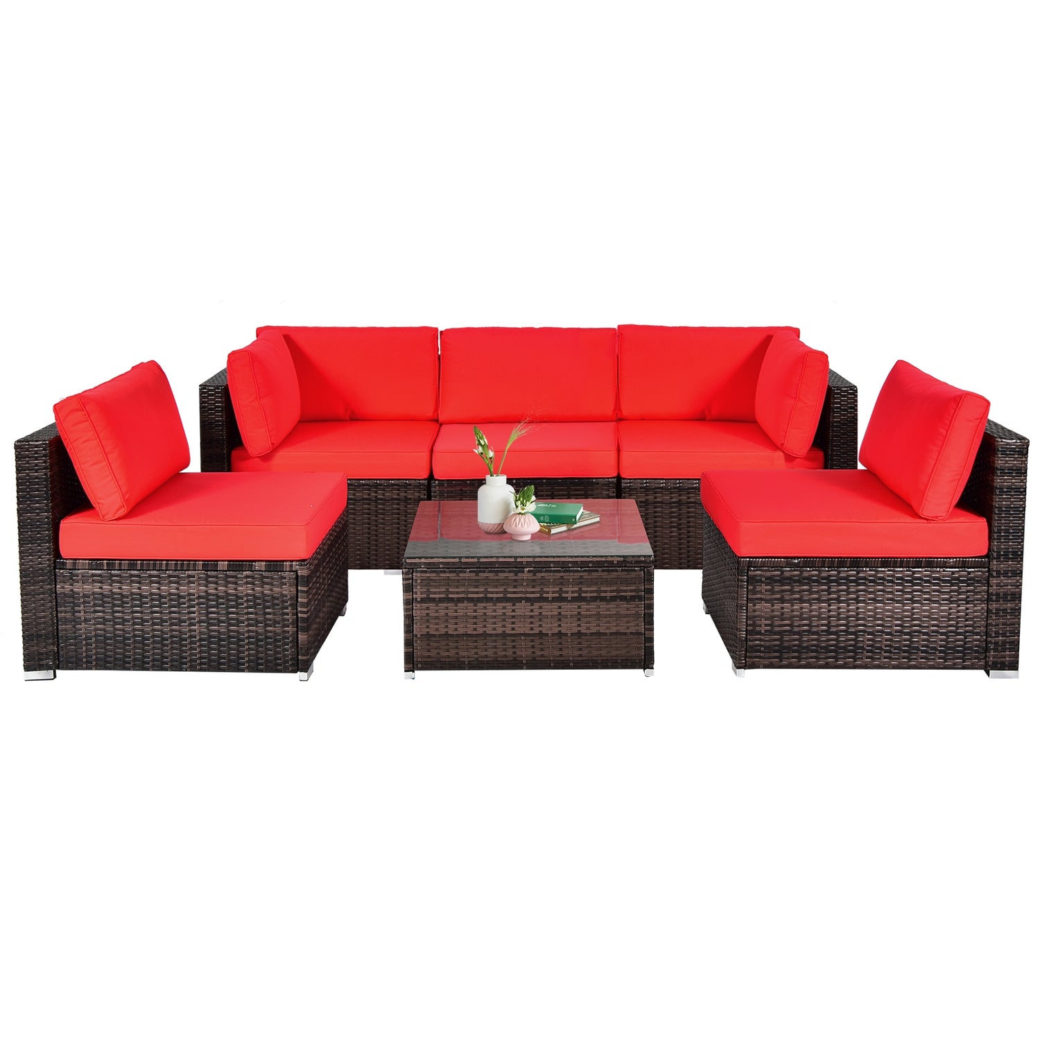 6 Pieces Patio Rattan Furniture Set with Cushions and Glass Coffee Table