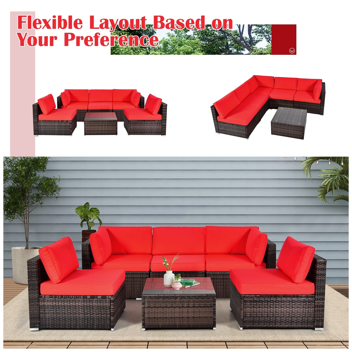 6 Pieces Patio Rattan Furniture Set with Cushions and Glass Coffee Table