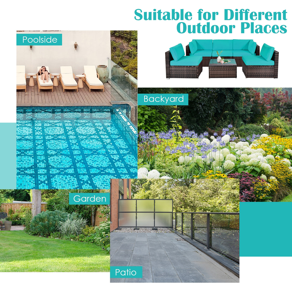 6 Pieces Patio Rattan Furniture Set with Cushions and Glass Coffee Table