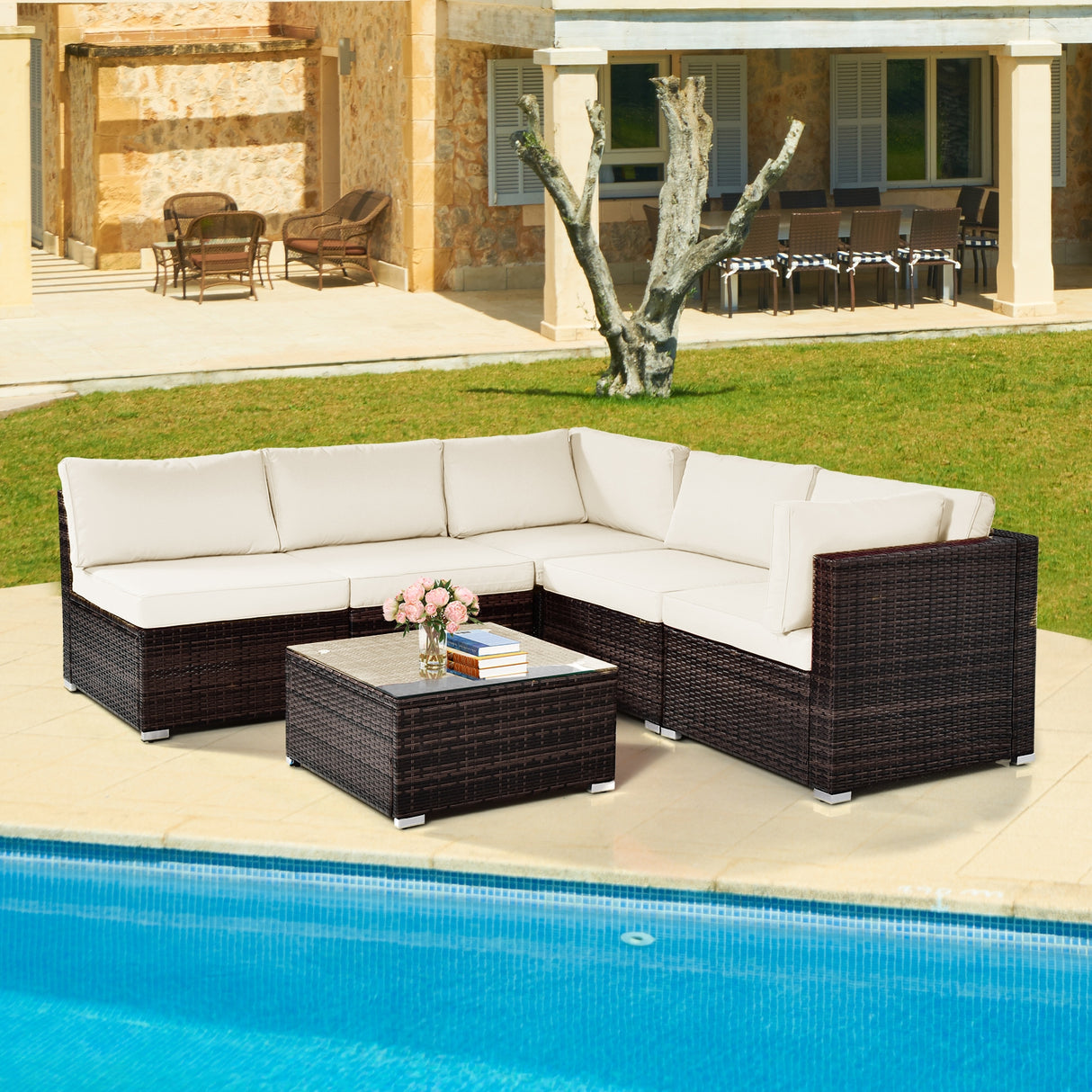 6 Pieces Patio Rattan Furniture Set with Cushions and Glass Coffee Table
