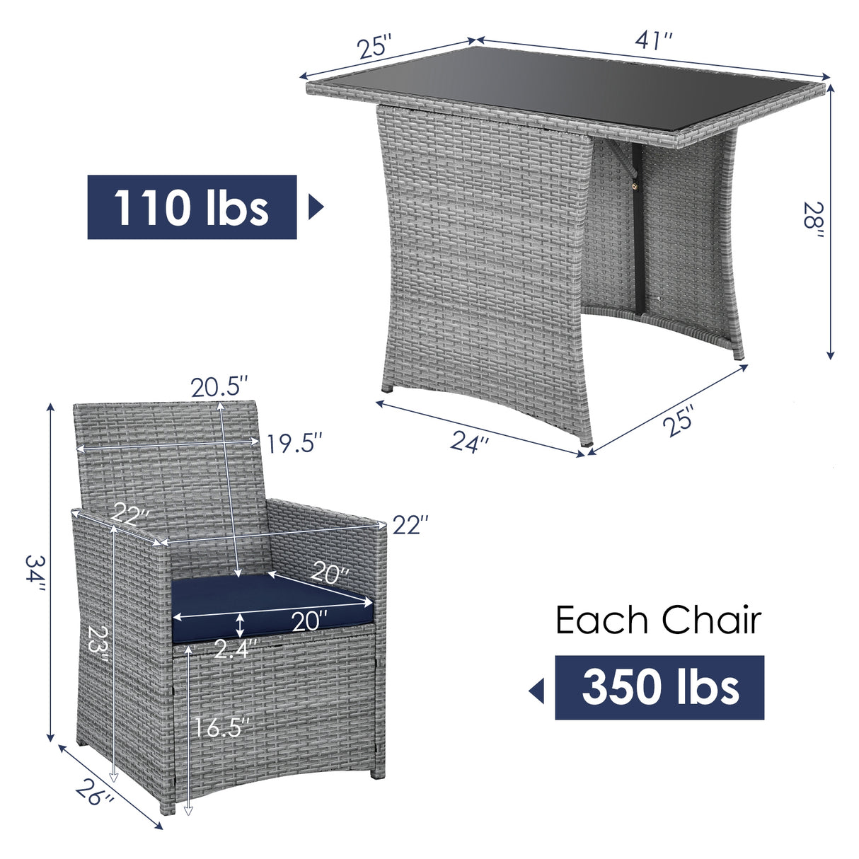 3 Pieces Patio Rattan Furniture Set with Cushioned Armrest Sofa