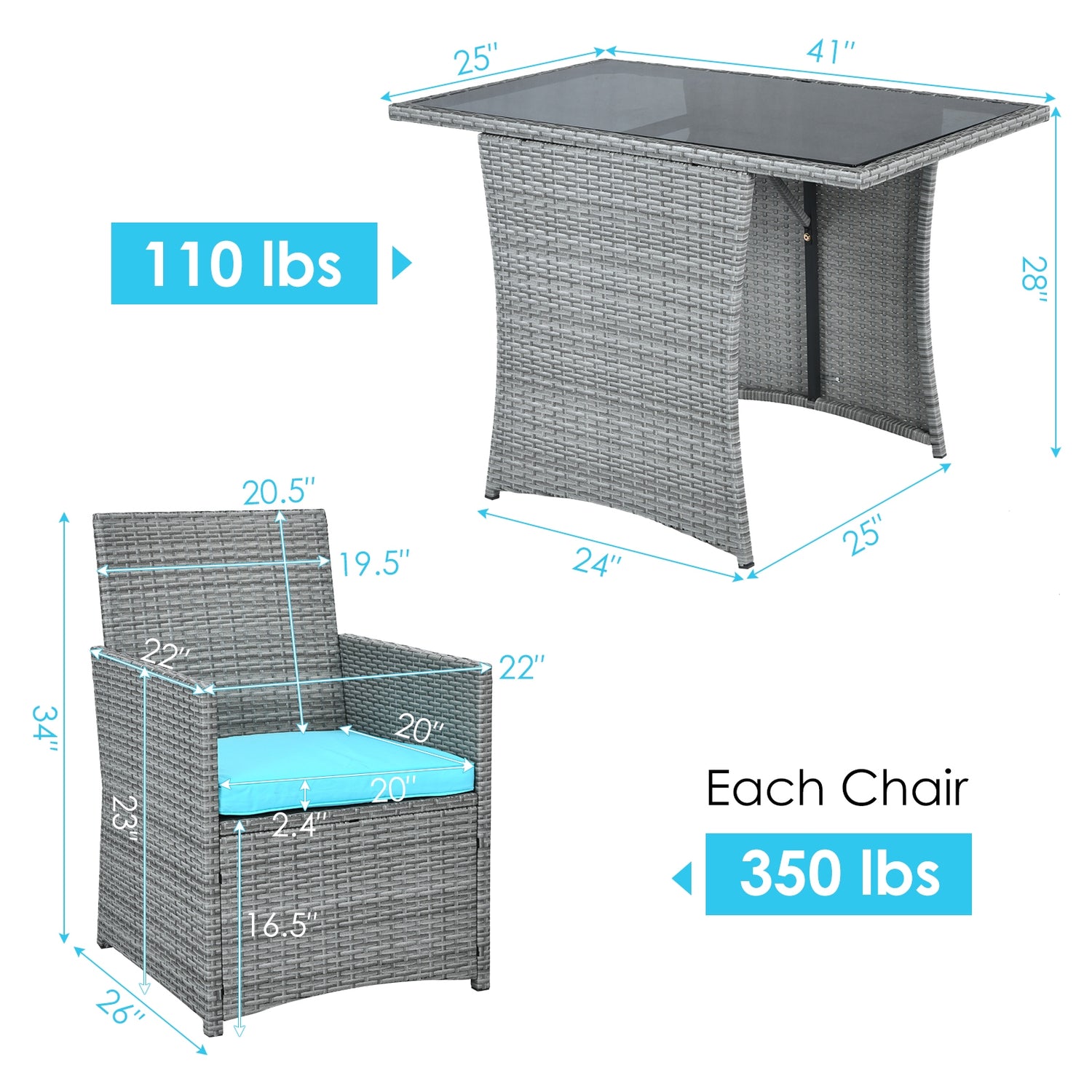 3 Pieces Patio Rattan Furniture Set with Cushioned Armrest Sofa