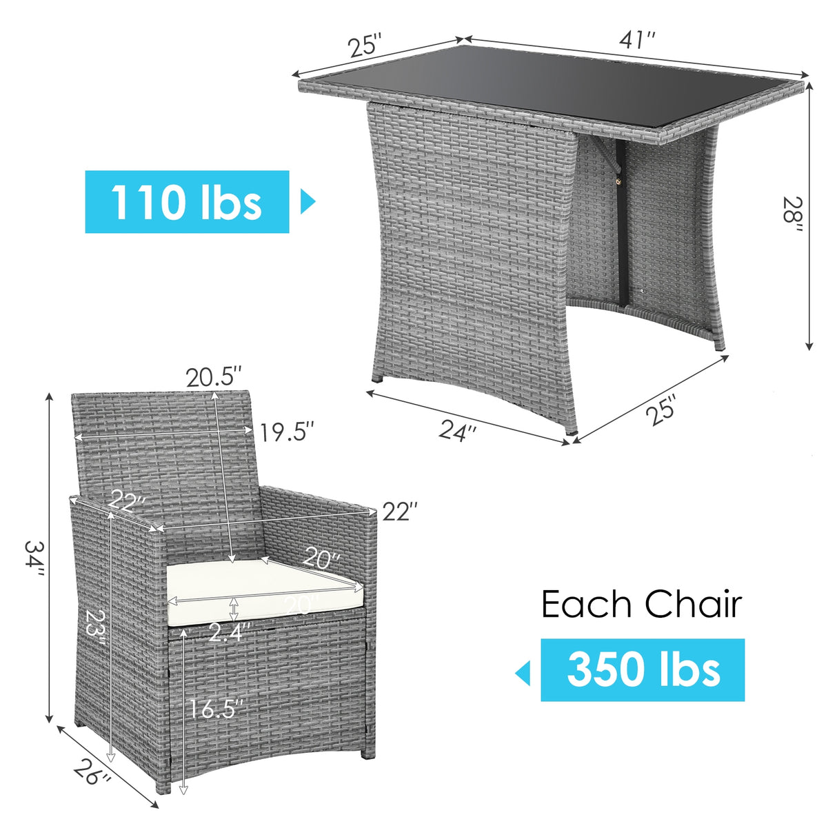 3 Pieces Patio Rattan Furniture Set with Cushioned Armrest Sofa