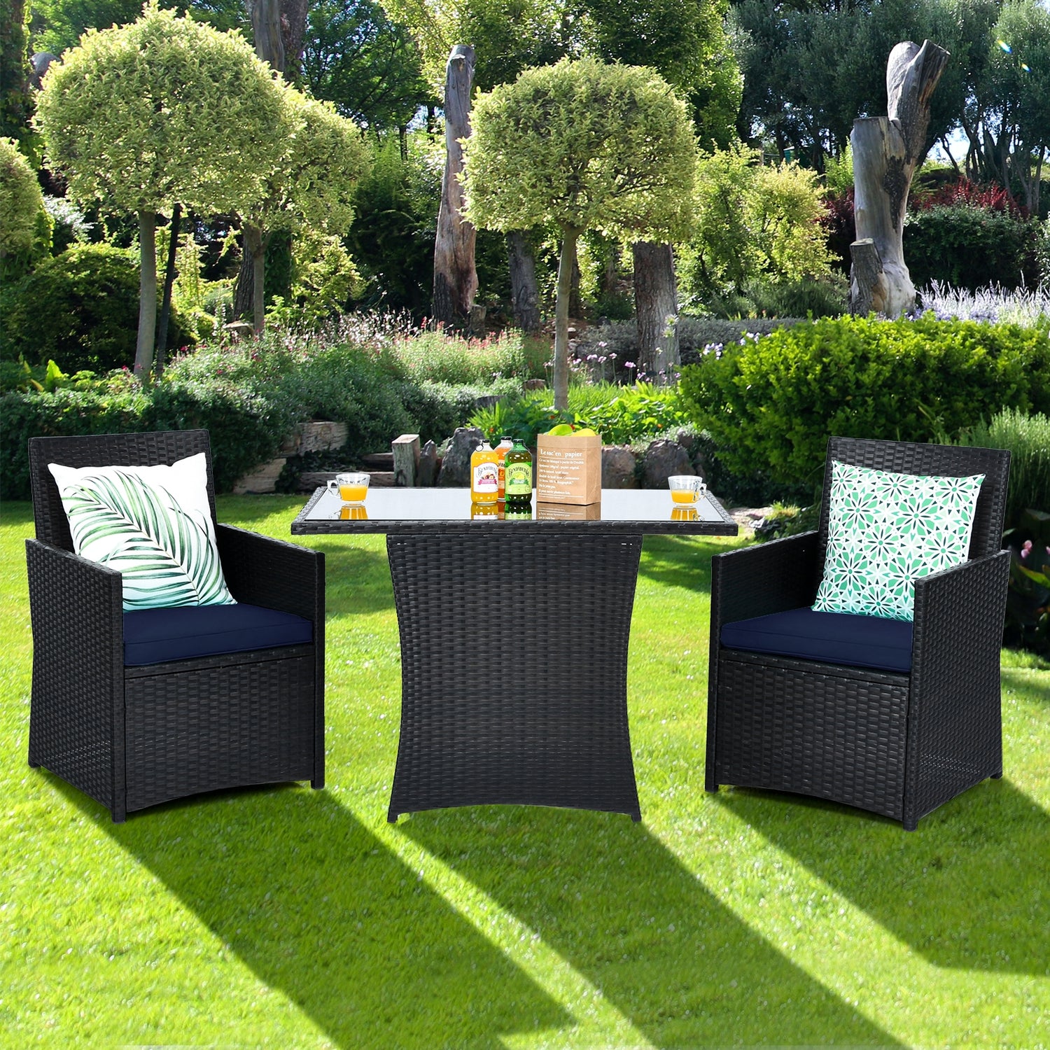 3 Pieces Patio Rattan Furniture Set with Cushion and Sofa Armrest