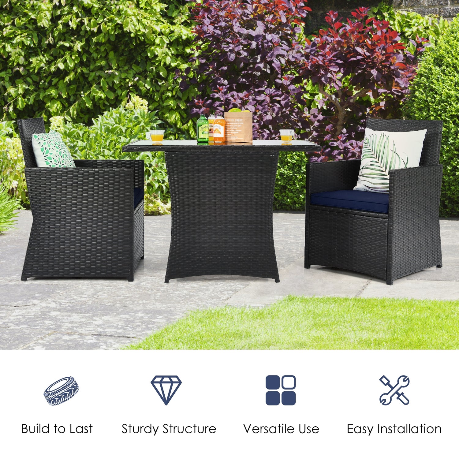 3 Pieces Patio Rattan Furniture Set with Cushion and Sofa Armrest