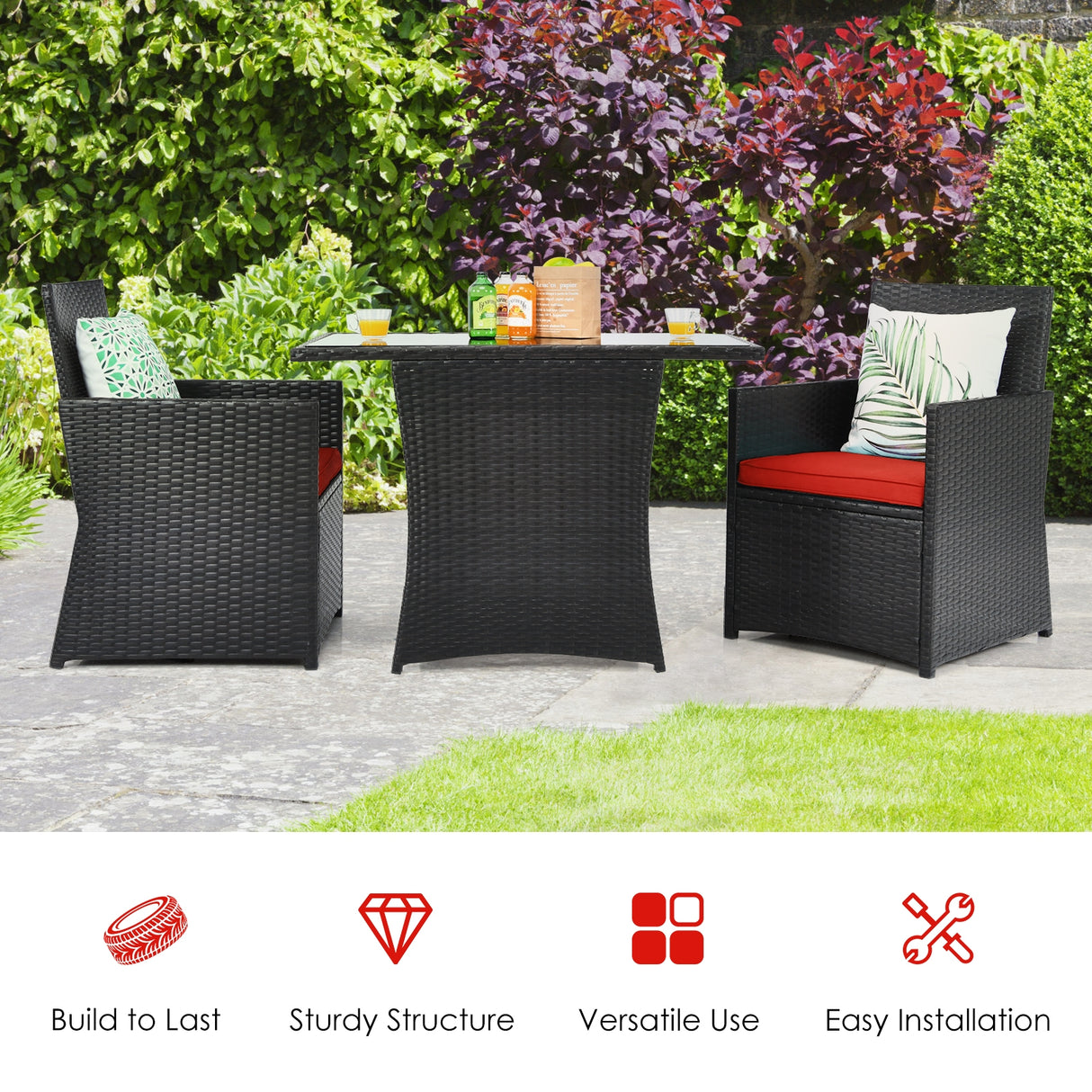 3 Pieces Patio Rattan Furniture Set with Cushion and Sofa Armrest