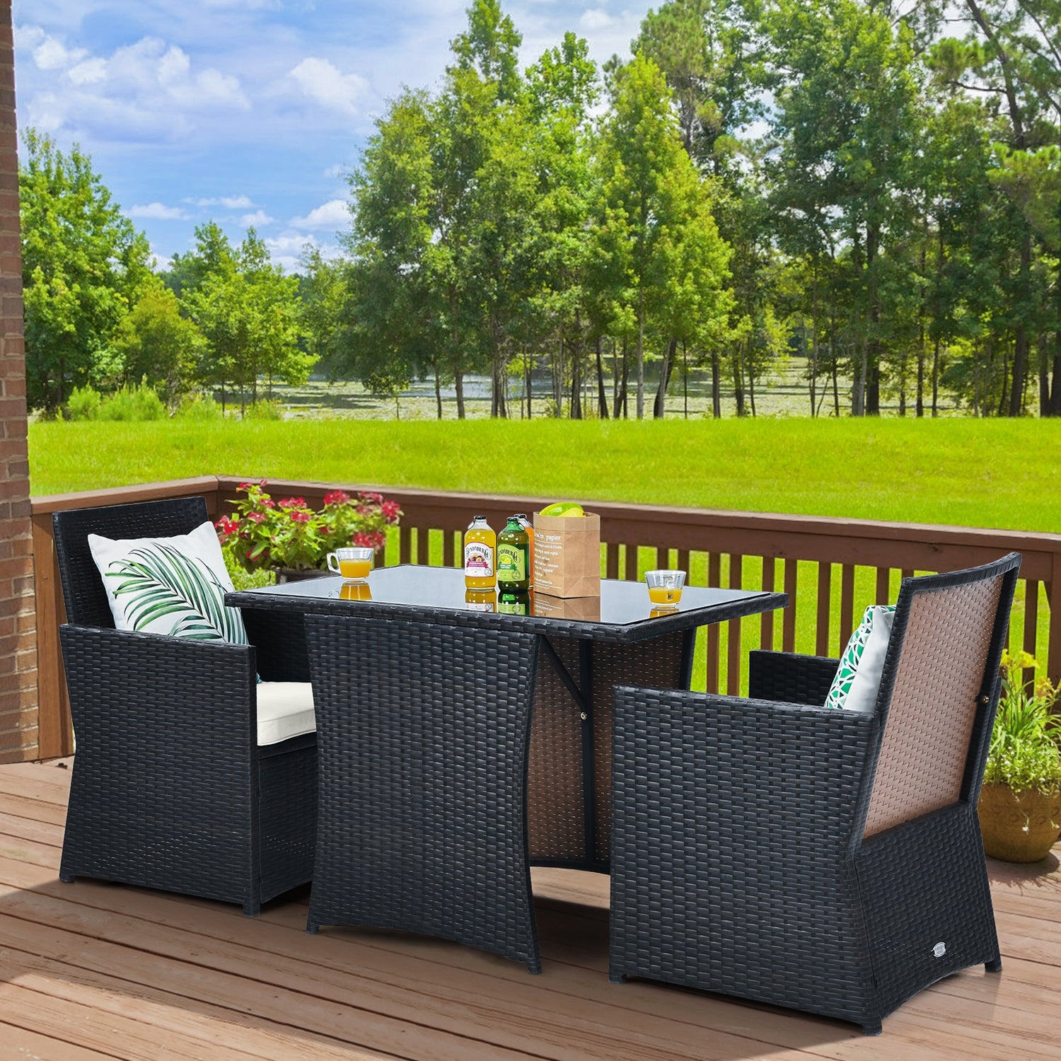 3 Pieces Patio Rattan Furniture Set with Cushion and Sofa Armrest