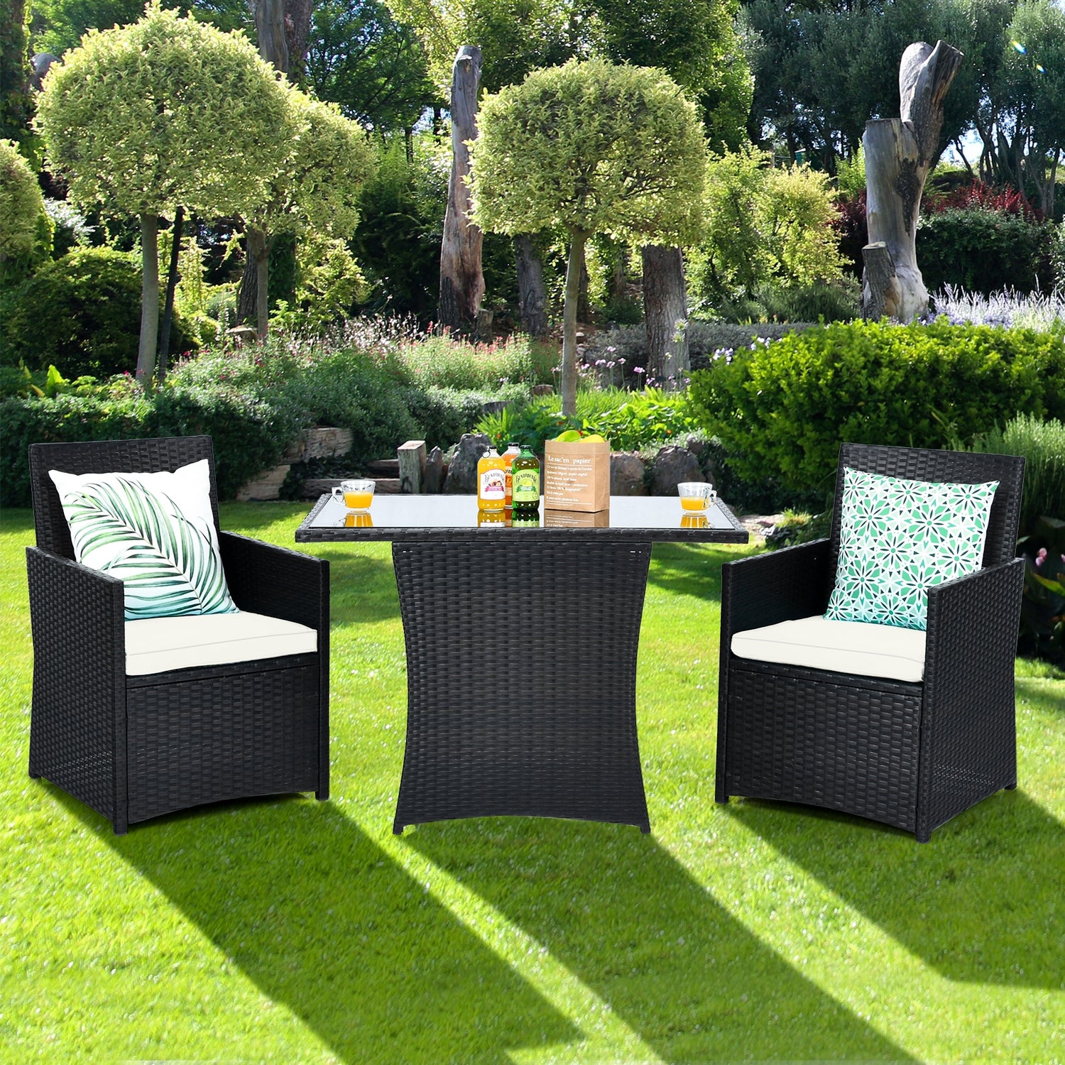 3 Pieces Patio Rattan Furniture Set with Cushion and Sofa Armrest