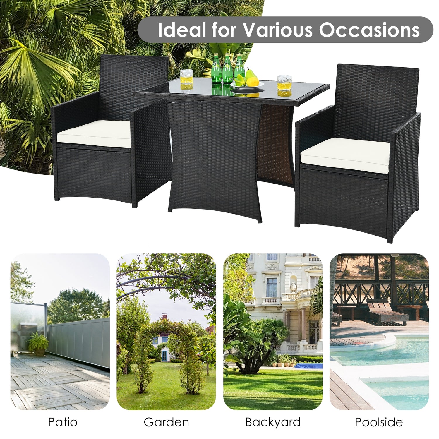 3 Pieces Patio Rattan Furniture Set with Cushion and Sofa Armrest
