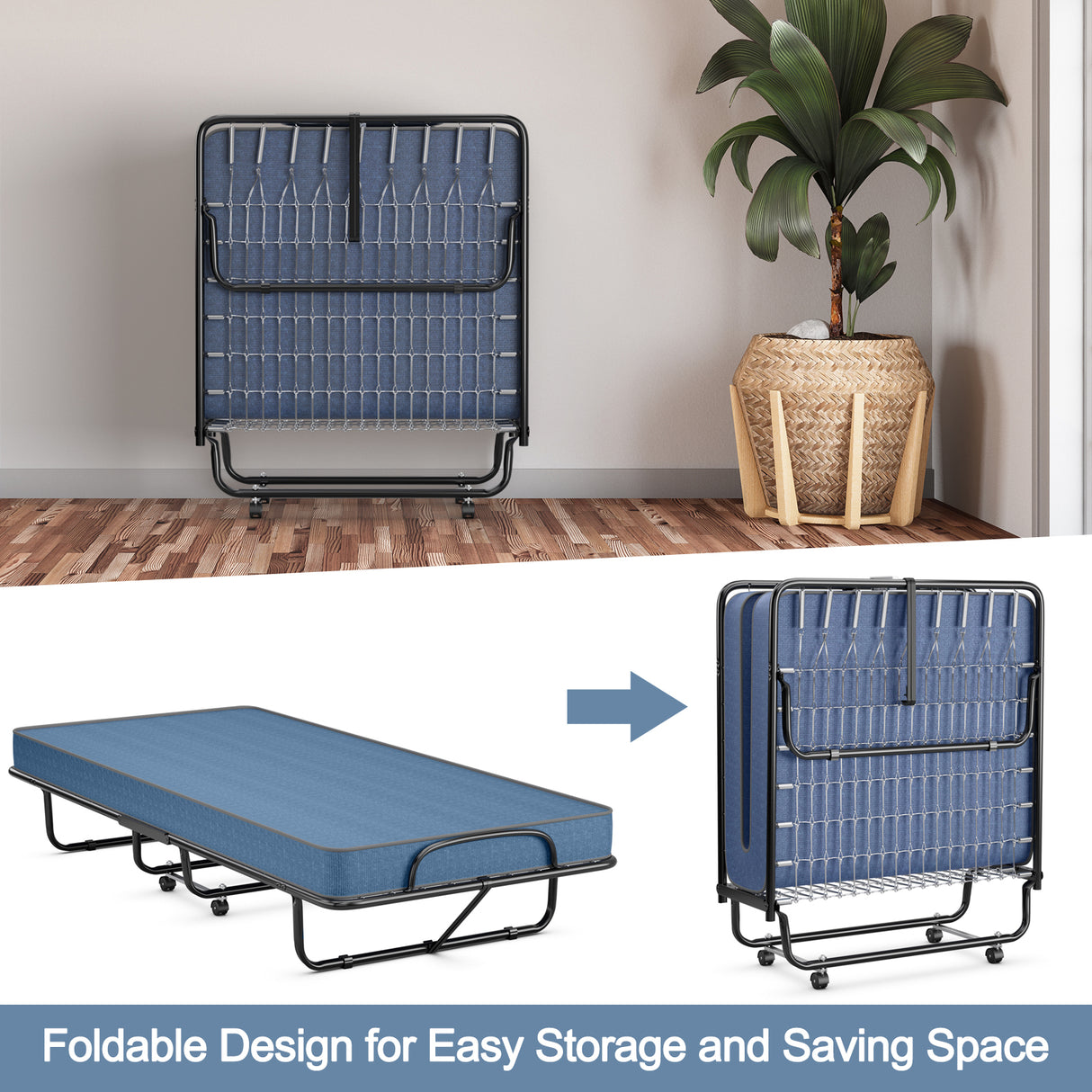 Rollaway Guest Bed with Sturdy Steel Frame and Memory Foam Mattress Made in Italy