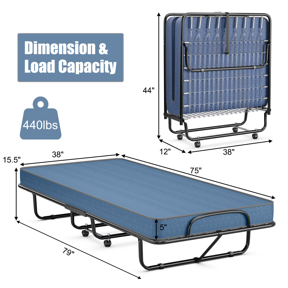 Rollaway Guest Bed with Sturdy Steel Frame and Memory Foam Mattress Made in Italy