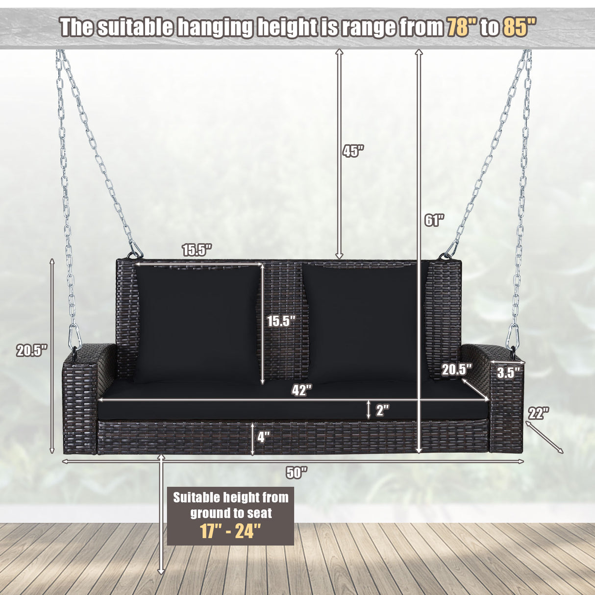 2-Person Patio Rattan Porch Swing with Cushions